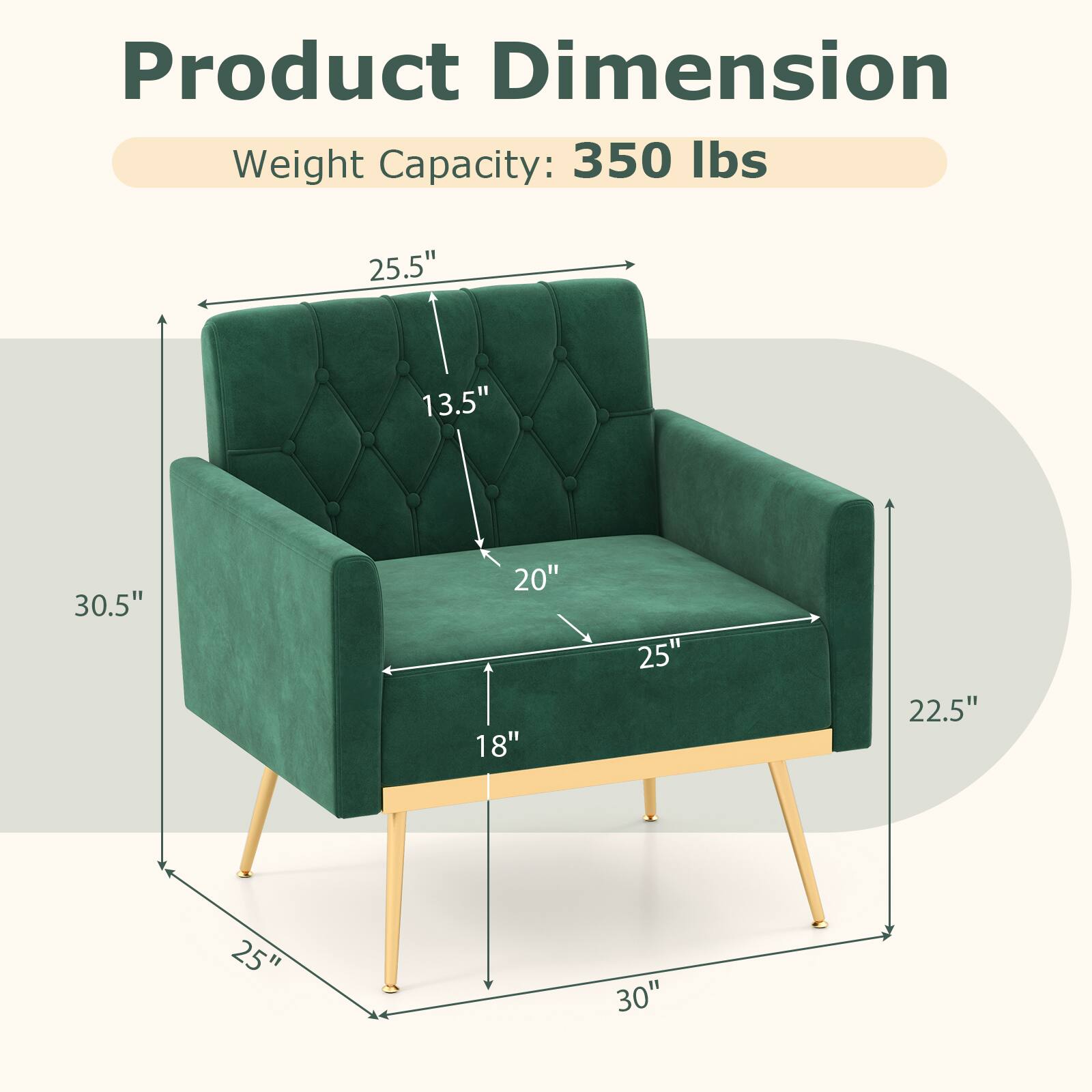 Product Dimension Weight Capacity: 350 lbs

25.5"  
13.5"  
30.5"  
20"  
18"  
25"  
22.5"  
25"  
30"