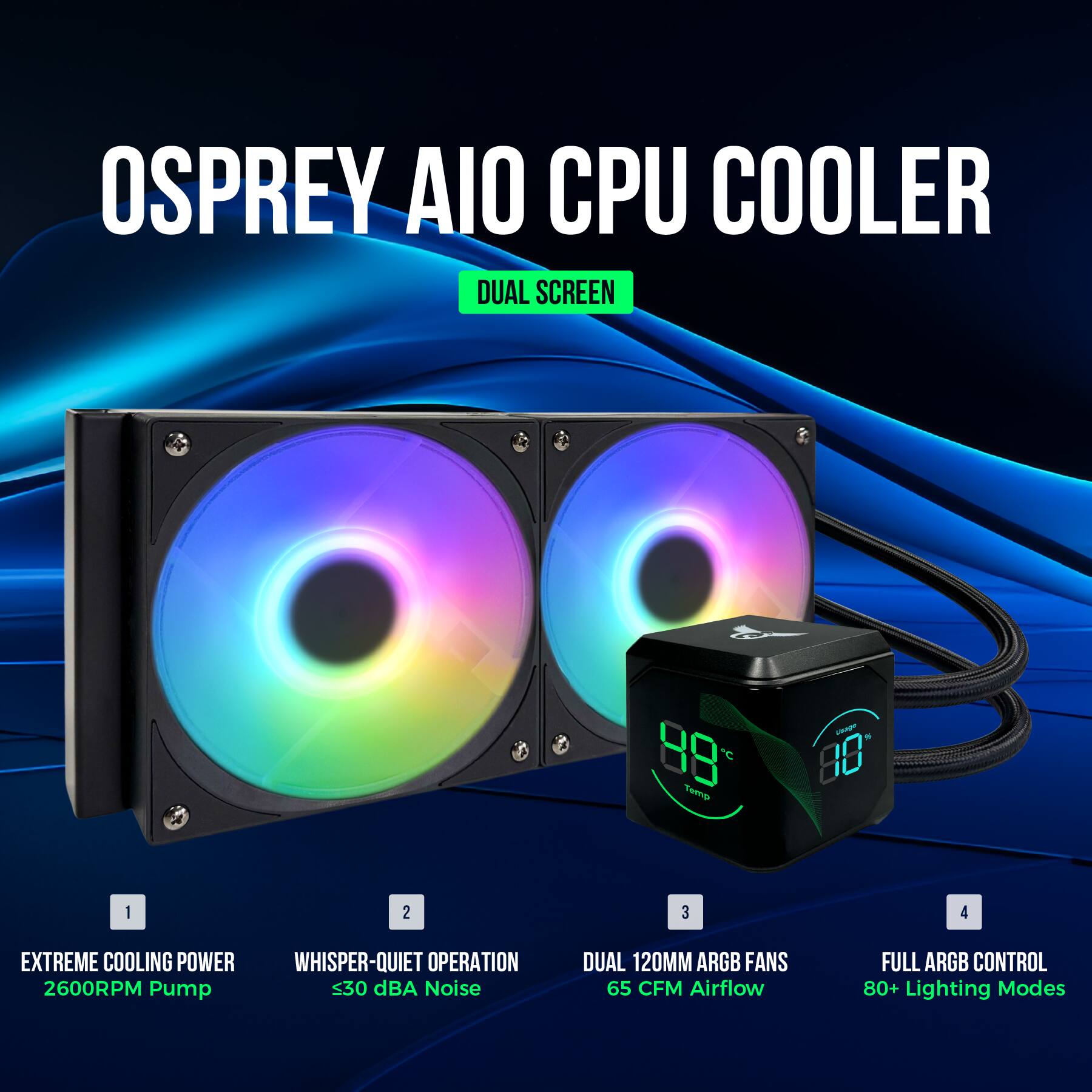 OSPREY AIO CPU COOLER  
DUAL SCREEN  

1. EXTREME COOLING POWER  
   2600RPM Pump  

2. WHISPER-QUIET OPERATION  
   <30 dBA Noise  

3. DUAL 120MM ARGB FANS  
   65 CFM Airflow  

4. FULL ARGB CONTROL  
   80+ Lighting Modes