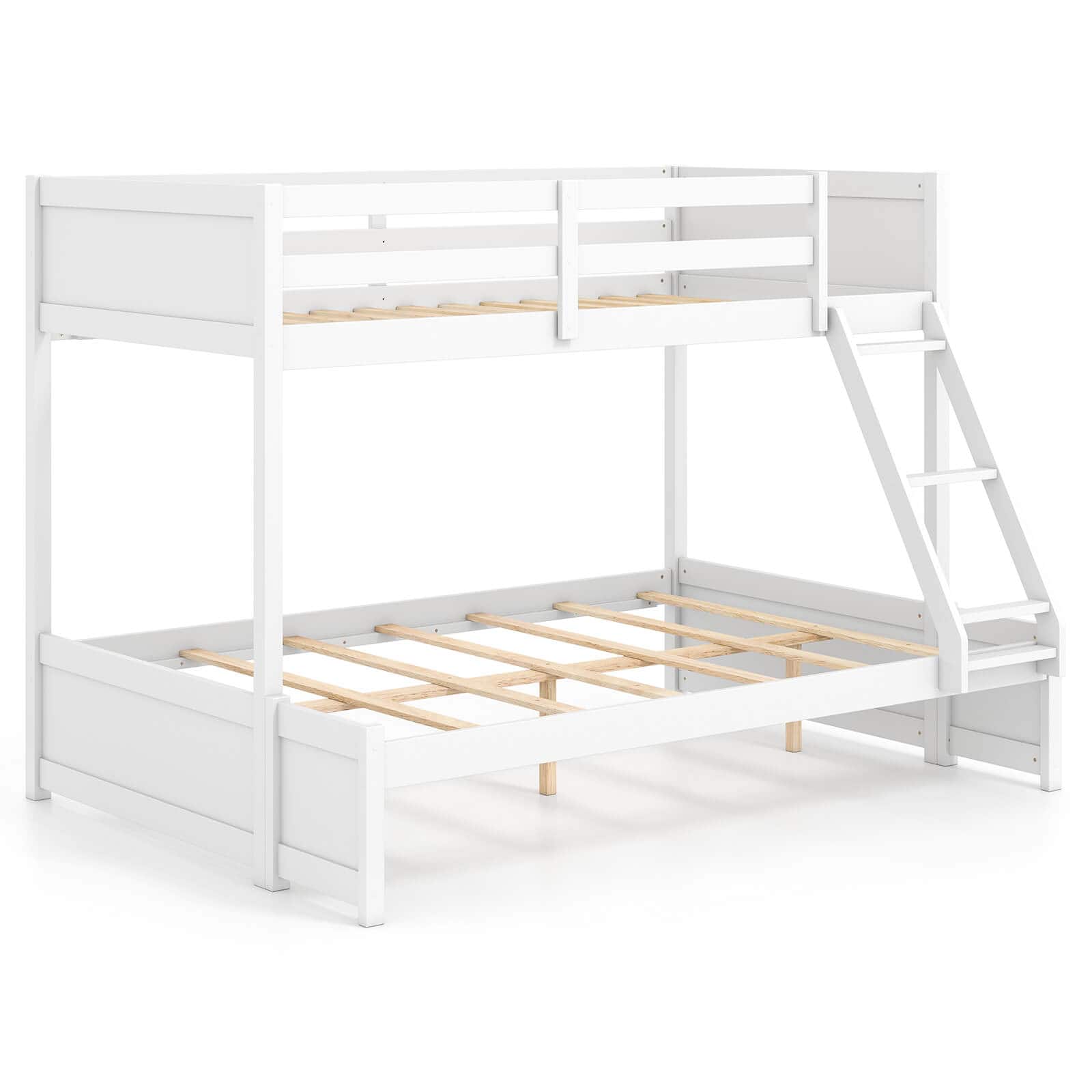 Costway - Twin Over Full Bunk Bed with 3-Step Ladder Full-Length Guardrails 21 Support Slats - White