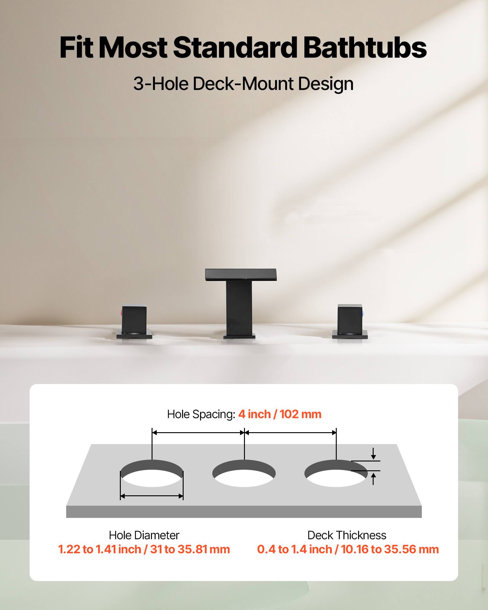 Fit Most Standard Bathtubs  
3-Hole Deck-Mount Design  

Hole Spacing: 4 inch / 102 mm  
Hole Diameter: 1.22 to 1.41 inch / 31 to 35.81 mm  
Deck Thickness: 0.4 to 1.4 inch / 10.16 to 35.56 mm