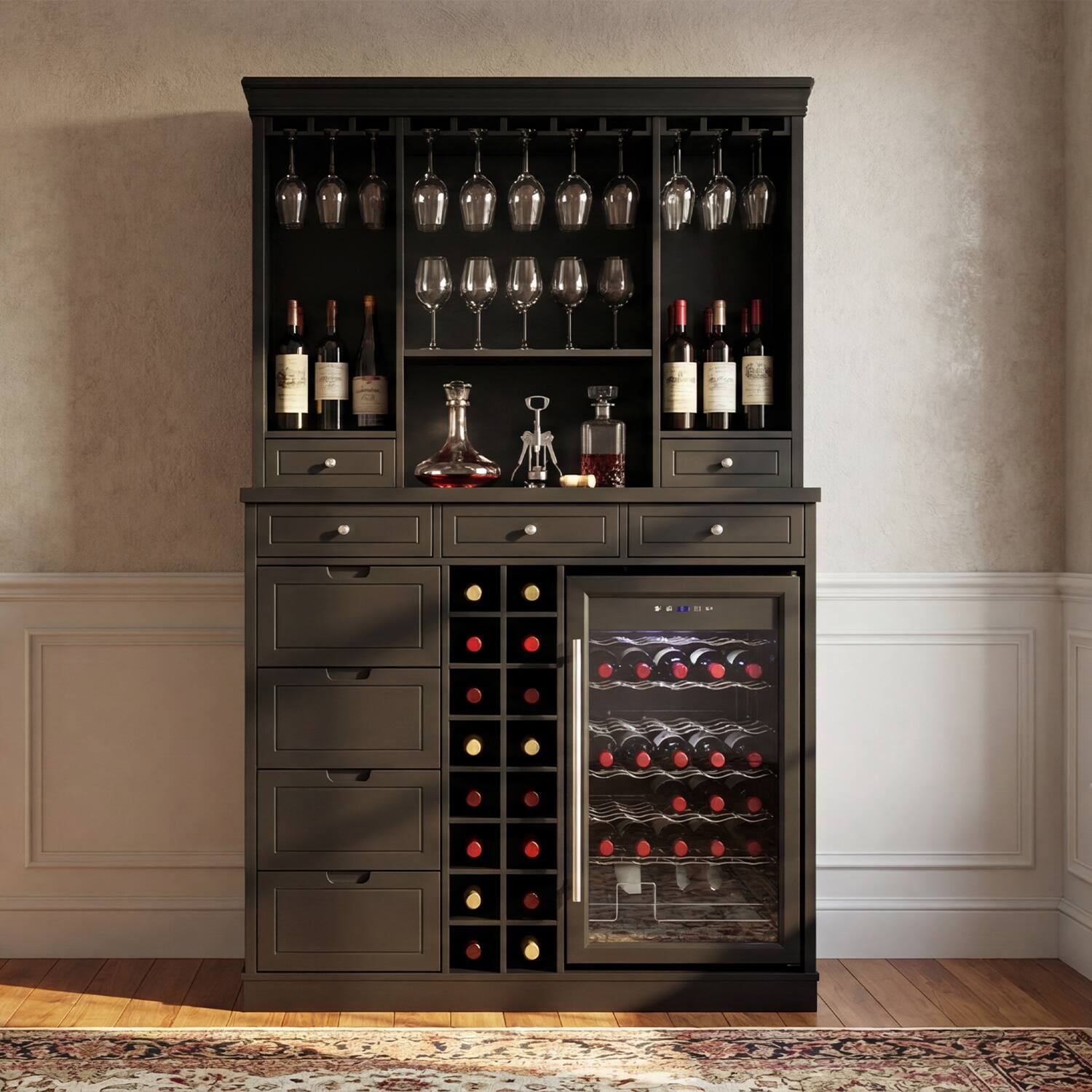 Angle. Famapy - Wine Furniture Cabinet with Built-In Compressor Wine Cooler Refrigerator, 85L Capacity Stores Up to 34 Standard Bottles - Black.