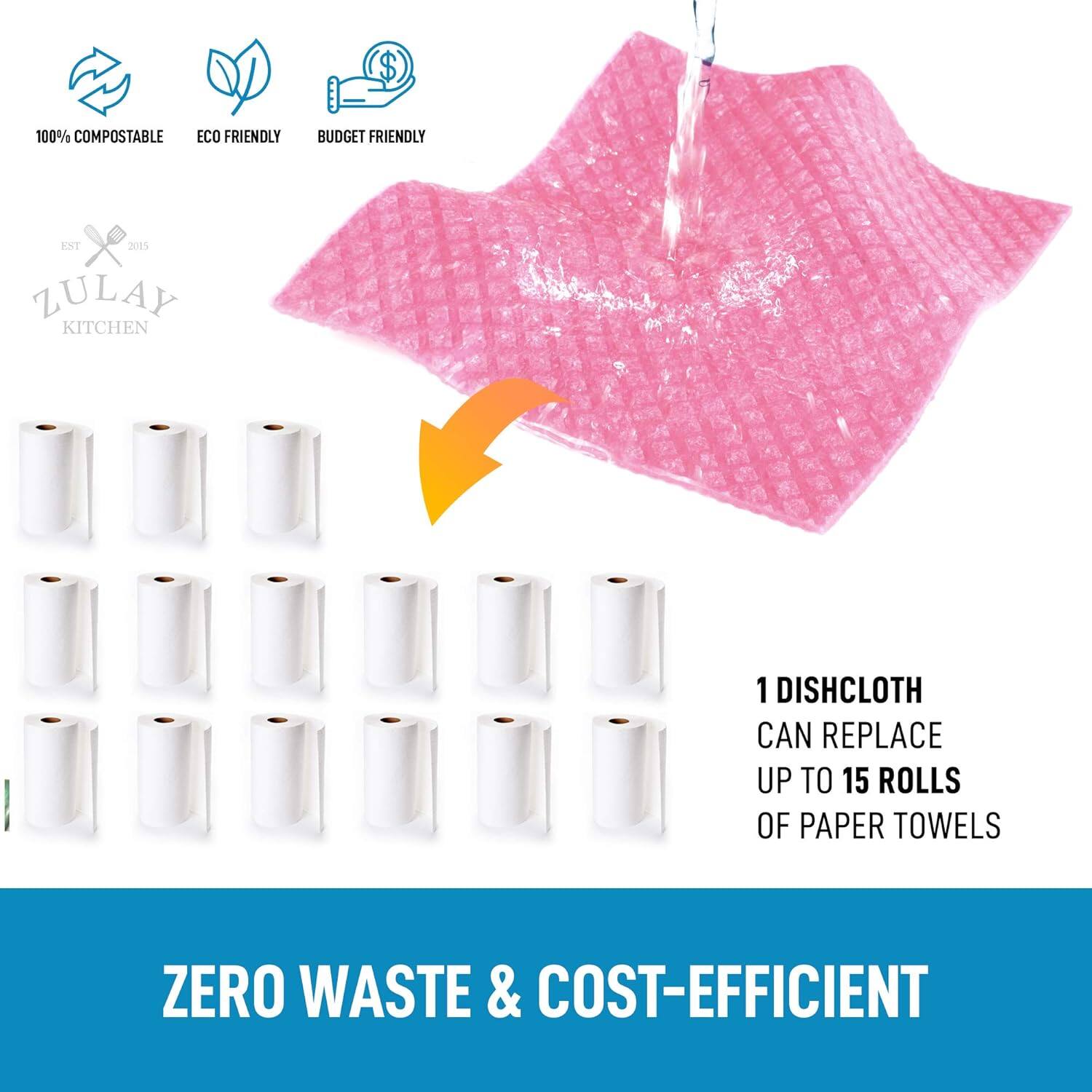 100% COMPOSTABLE ECO FRIENDLY BUDGET FRIENDLY

ZULAY KITCHEN

1 DISHCLOTH CAN REPLACE UP TO 15 ROLLS OF PAPER TOWELS

ZERO WASTE & COST-EFFICIENT
