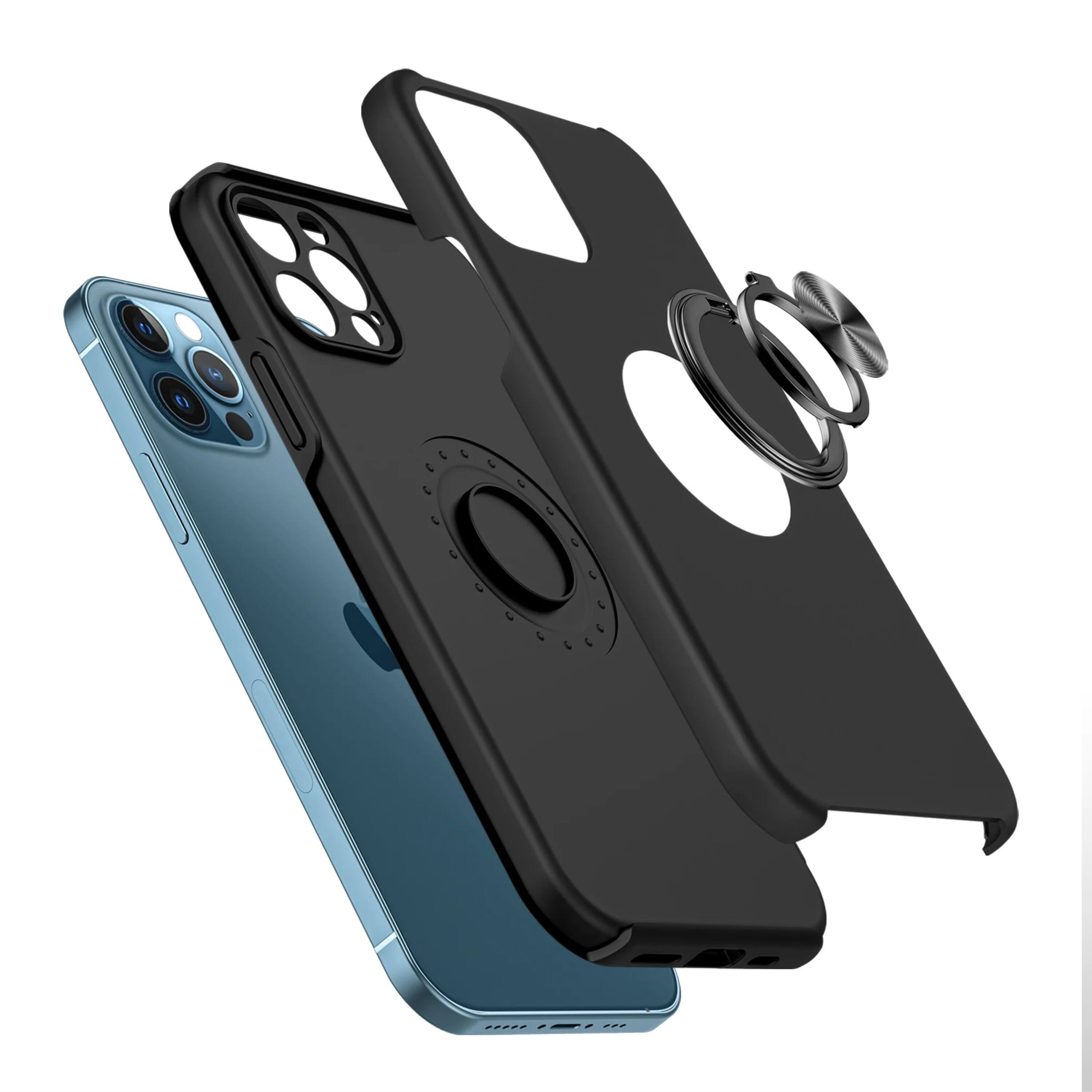 The image shows a blue smartphone with a black protective case that has a ring holder attached to it.