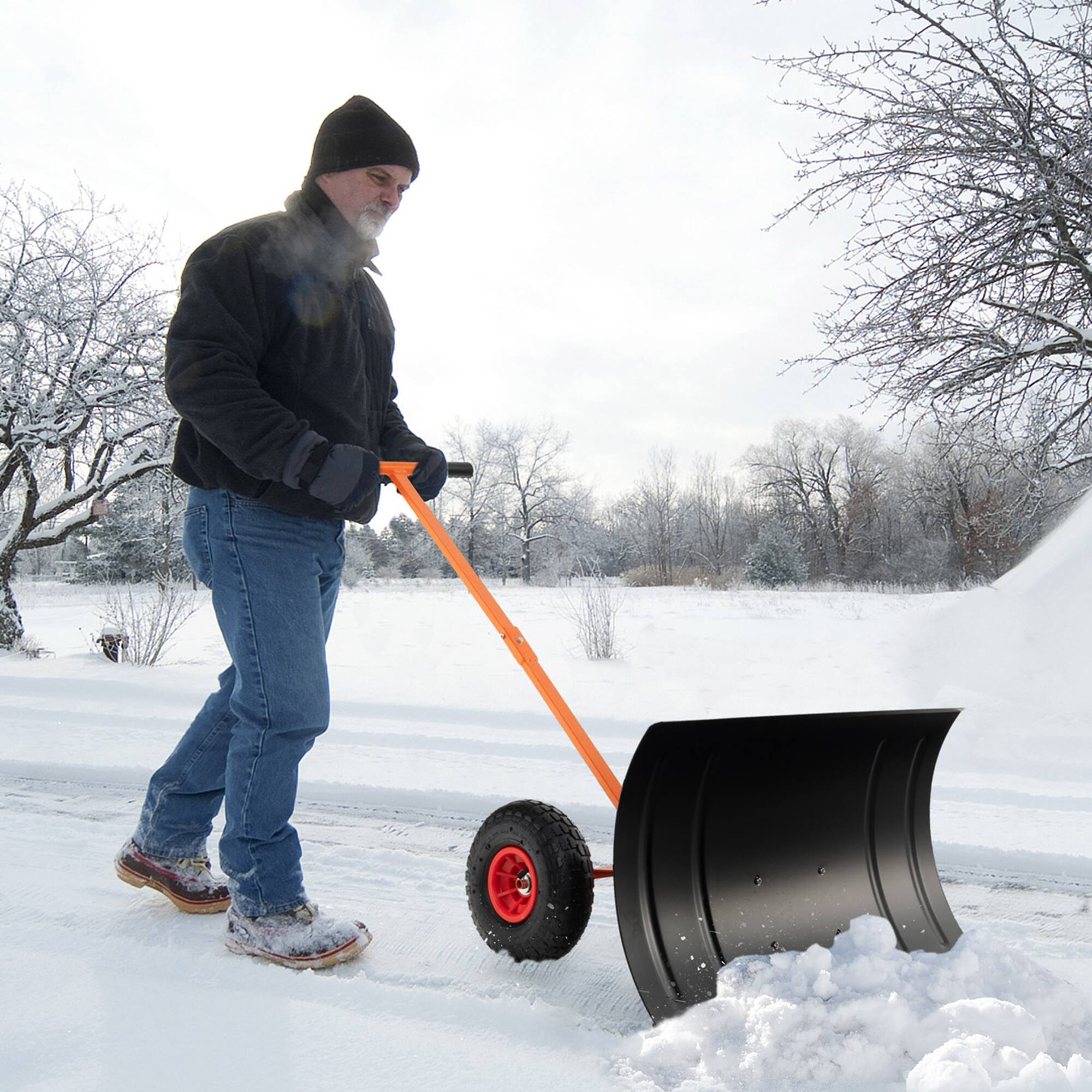 Alt View 11. Costway - 29" Snow Shovel Heavy-Duty Metal Adjustable Angle & Height Snow Clear with Wheels - Black + Orange.
