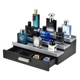 Unique Bargains - 3 Tier Wood Perfume Organizer for Men, Display Stand with Velvet Lining Drawer and Hidden Compartment for Watch, Jewelry - Black Gray