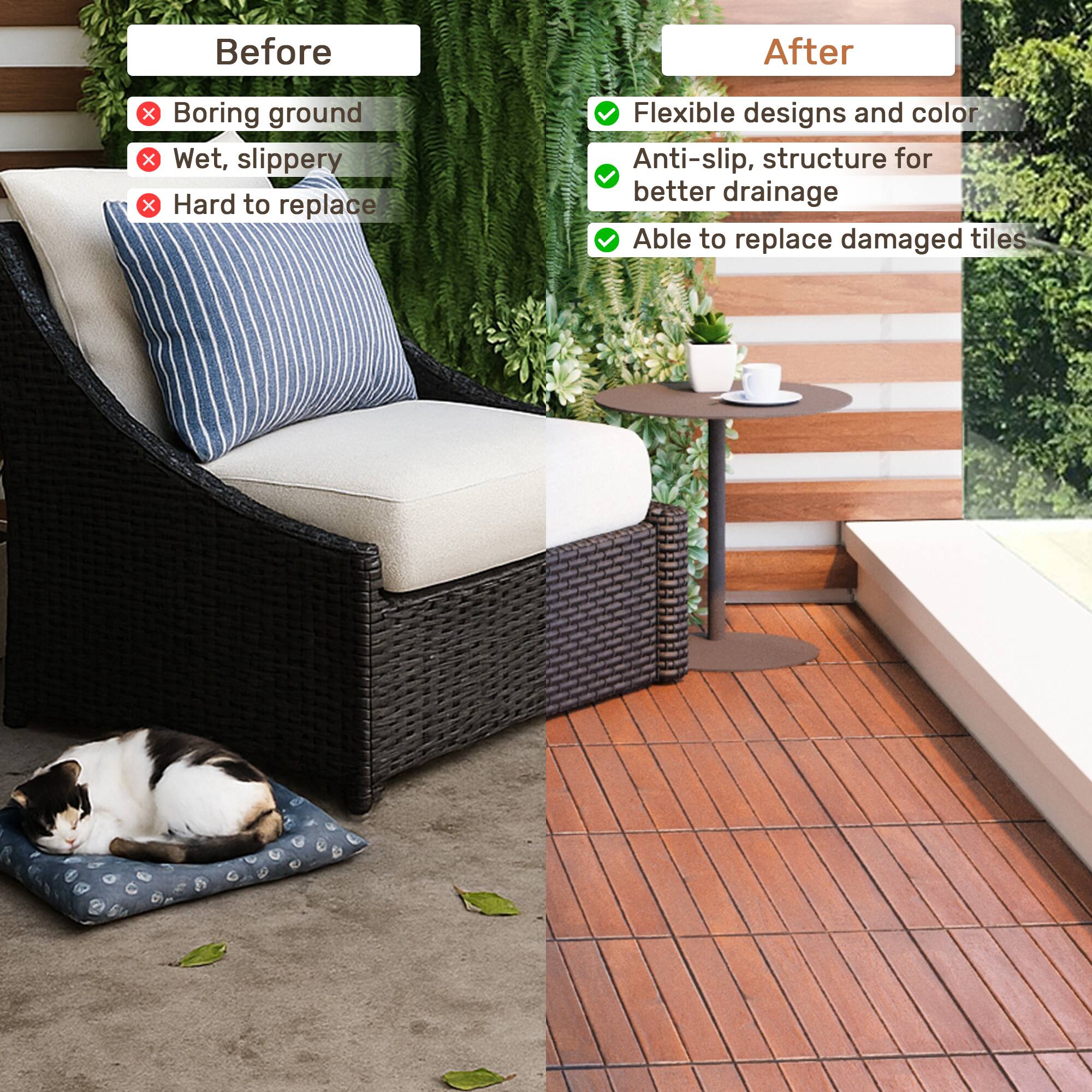 Before:
- Boring ground
- Wet, slippery
- Hard to replace

After:
- Flexible designs and color
- Anti-slip, structure for better drainage
- Able to replace damaged tiles