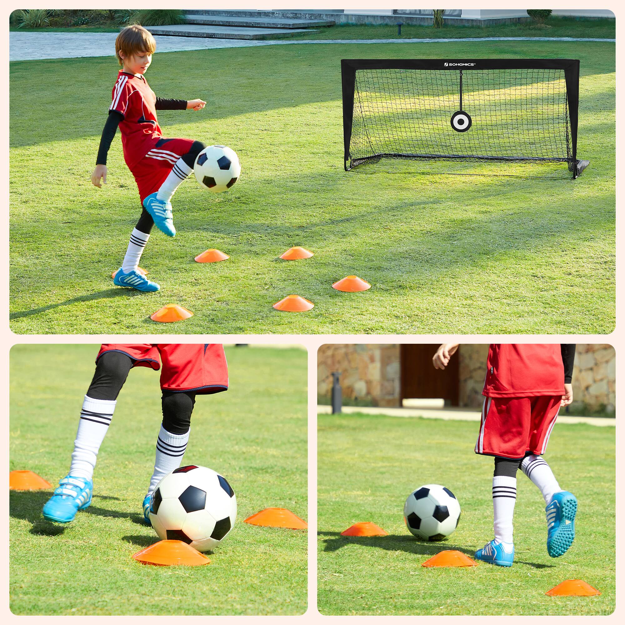 Back. Songmics Home - Portable Soccer Goal, 6x3 ft Folding Kids Soccer Net with Target and Training Cones, for Backyard, Park, Garden, Beach - Black.