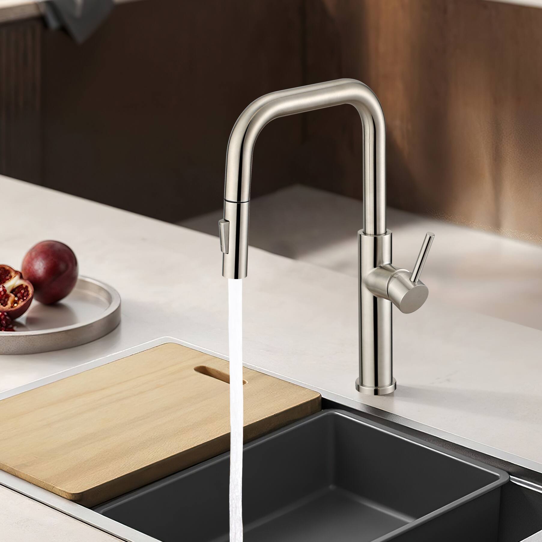 Left. Bothwa Home - Waterway 15.5 - Inch Kitchen Faucet - Brushed Nickel.