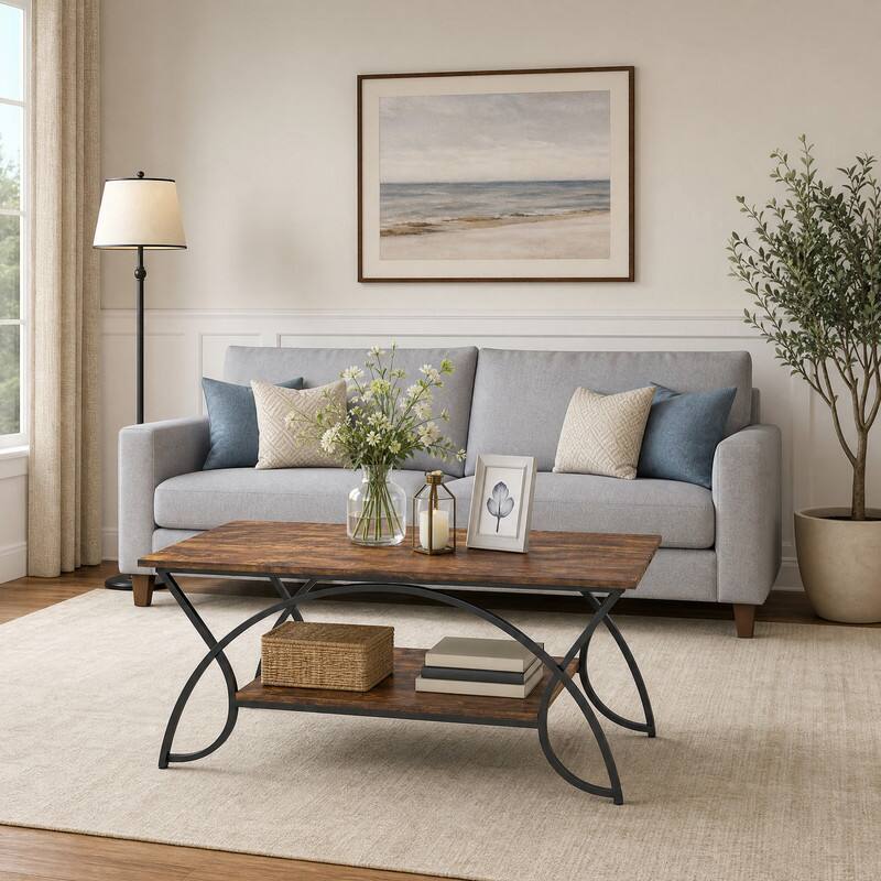 Angle. WELLFOR - 2-Tier Coffee Table with Metal Frame，Center Table Cocktail Tea Table for Living Room - Rustic Brown.