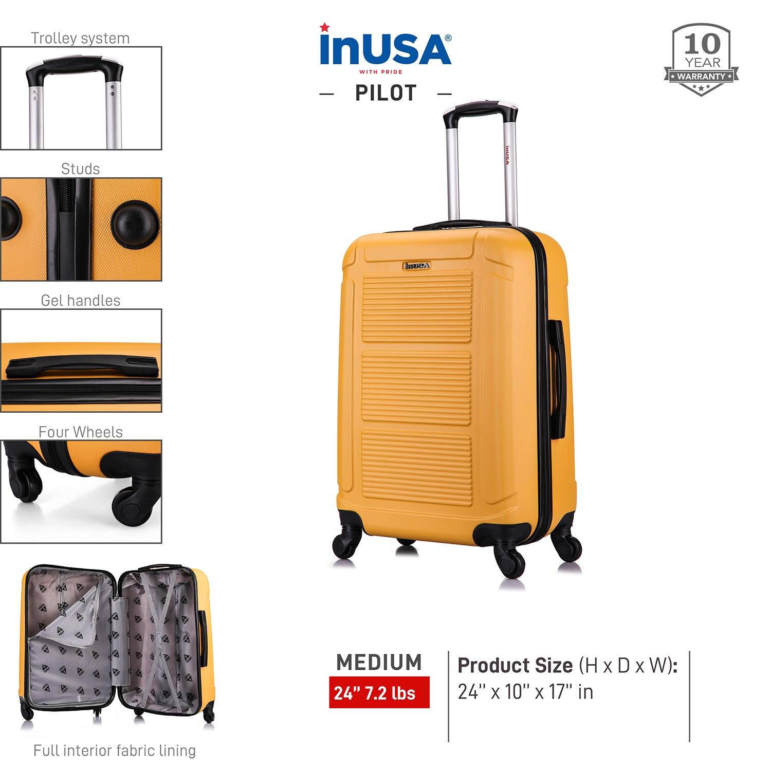 - Trolley system
- Studs
- Gel handles
- Four Wheels
- Full interior fabric lining

**inUSA**  
WITH PRIDE  
PILOT  
10 YEAR WARRANTY

**MEDIUM**  
24" 7.2 lbs

**Product Size (H x D x W):**  
24" x 10" x 17" in