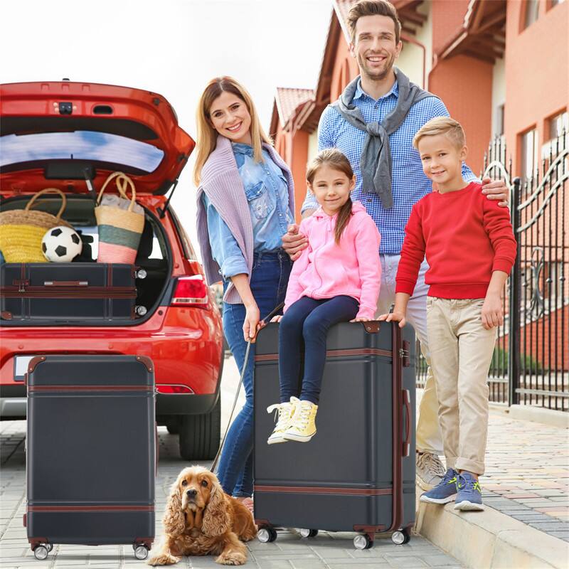 Angle. HTUTWOO - Hardshell Luggage Sets 3 Pieces - 20"+24" Luggages and Cosmetic Case, Spinner Suitcase with TSA Lock, Lightweight - Black.