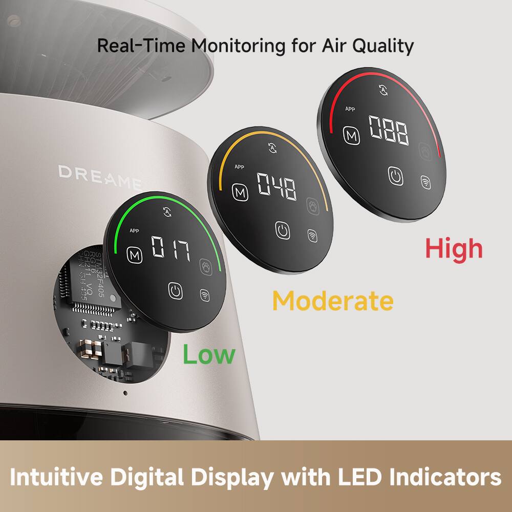 Real-Time Monitoring for Air Quality

Intuitive Digital Display with LED Indicators

- Low
- Moderate
- High