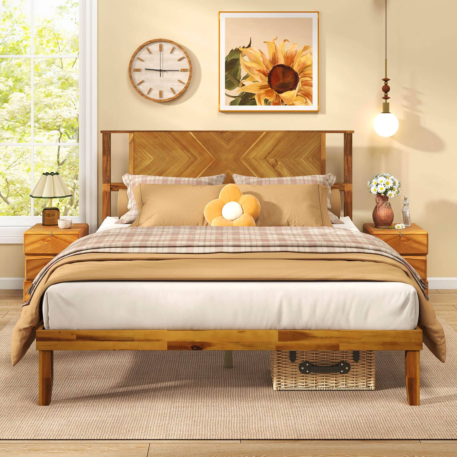 Alt View 3. Costway - Costway Queen Size Bed Frame with Headboard Under-Bed Space No Box Spring Needed - Natural.