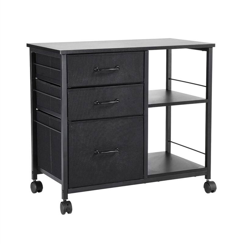 Angle. HTUTWOO - 29.53"L Metal File Cabinet - 3 Drawers With 2 Shelves, Particle Board Construction, 4 Swivel Casters With 2 Locking - Black.