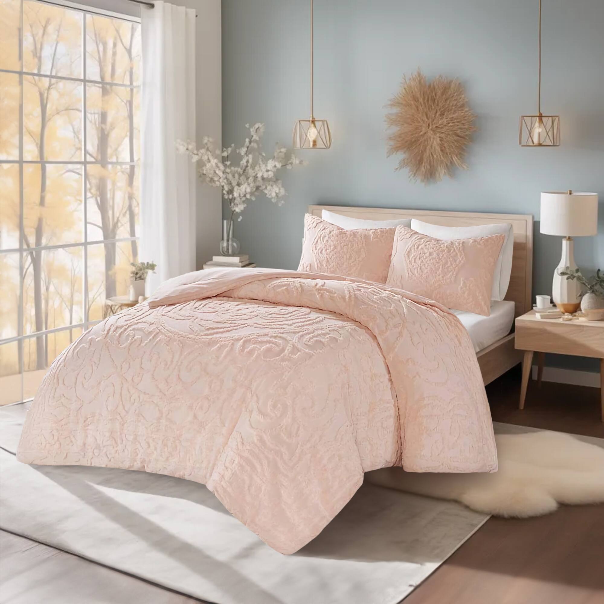 Alt View 1. Gracie Mills - Gracie Mills Ray 3-Piece Boho-Inspired Tufted Cotton Chenille Medallion Comforter Set - Blush.