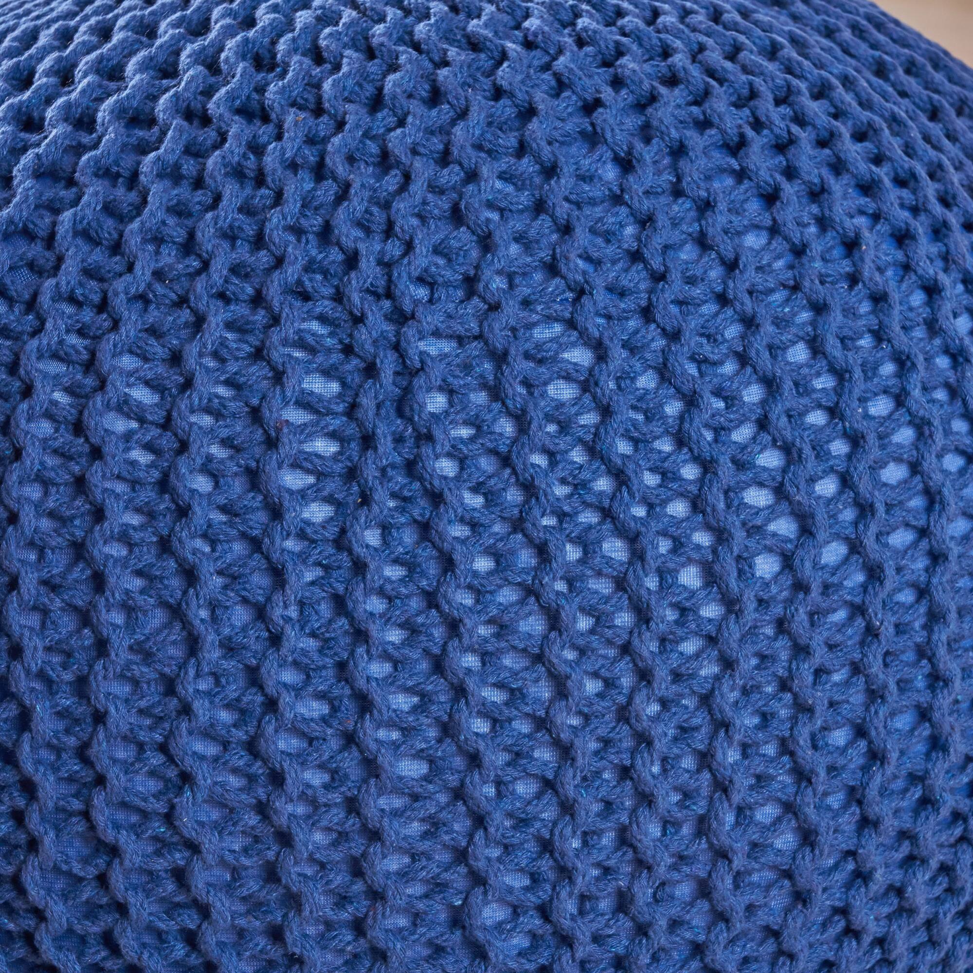 Angle. GOODSILO - Round Knitted Cotton Pouf Ottoman Floor Cushion Stylish Home Decor Accent Piece - Navy Blue.