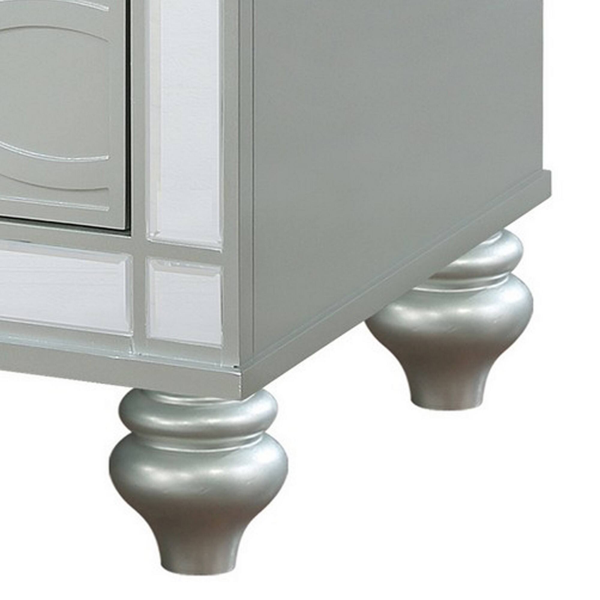 Back. Manhattan Lane - Gina 29 Inch Modern Glam Nightstand, Round Crystal Knobs, USB Ports - Silver.