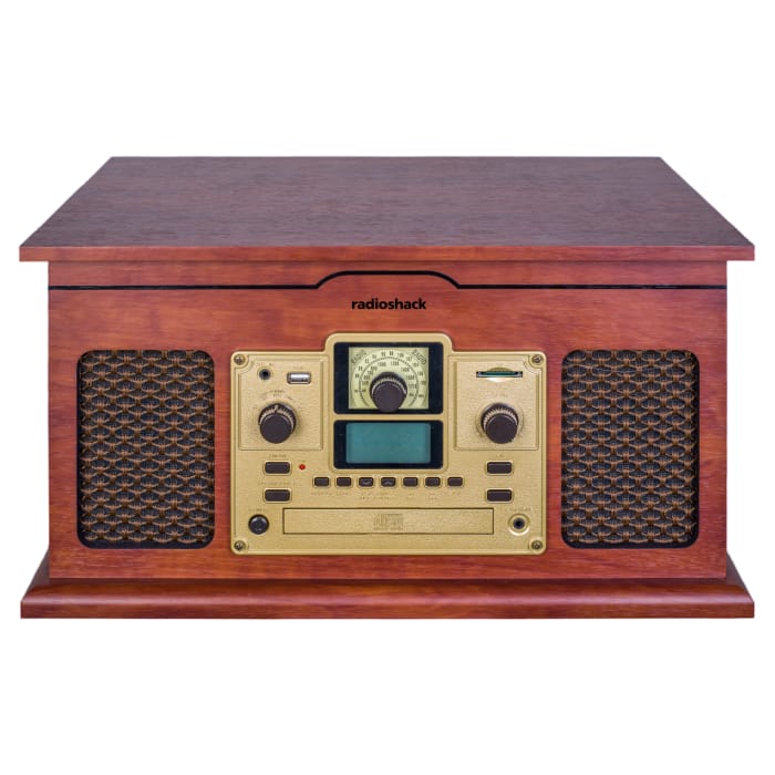 Front. RadioShack - Vintage Turntable with Bluetooth and FM Radio – 4001791 - Brown.