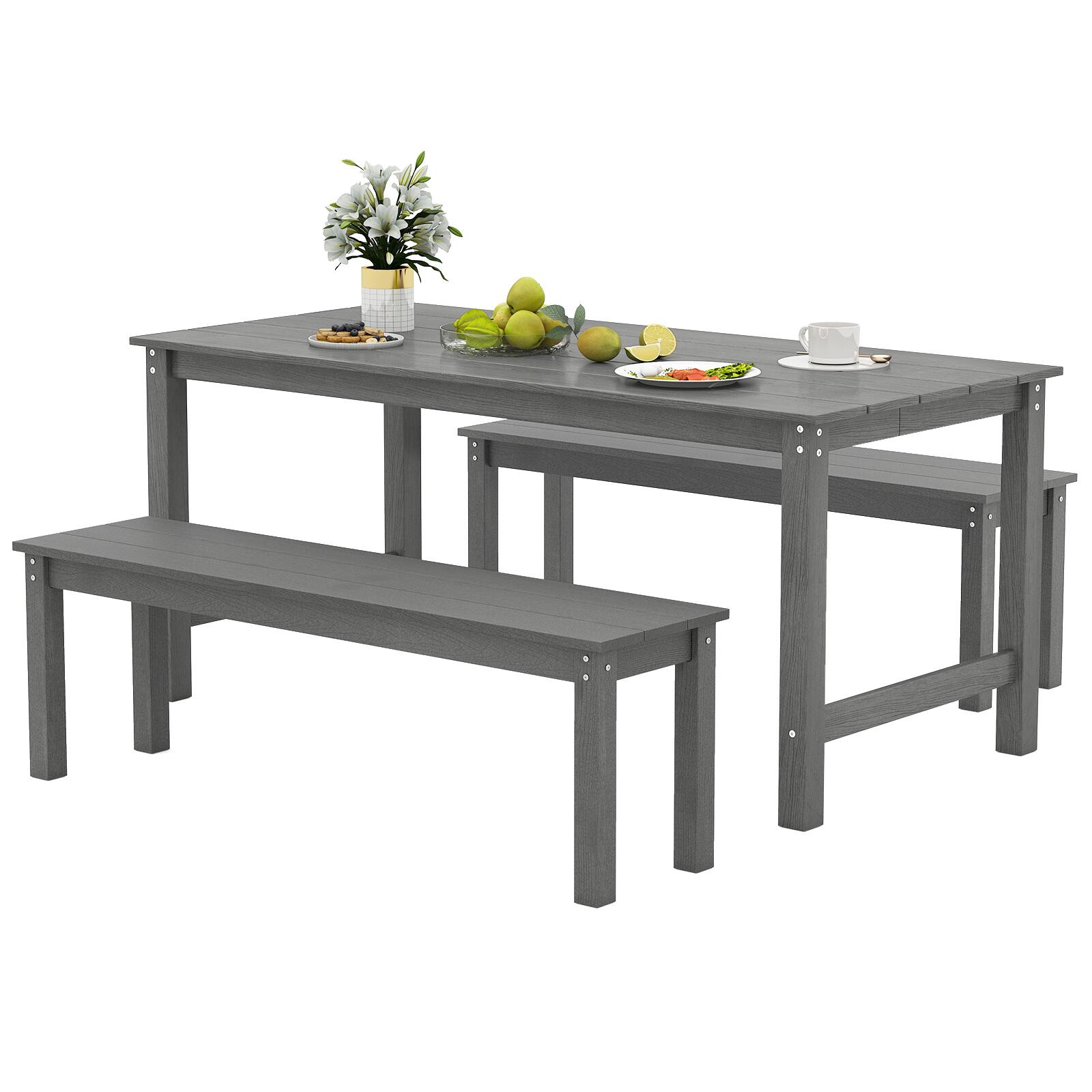Alt View 7. Gymax - Gymax 3PCS Dining Table Set w/ 2 BenchesPatio HDPE Weather Resistant Furniture Set Gray - Gray.