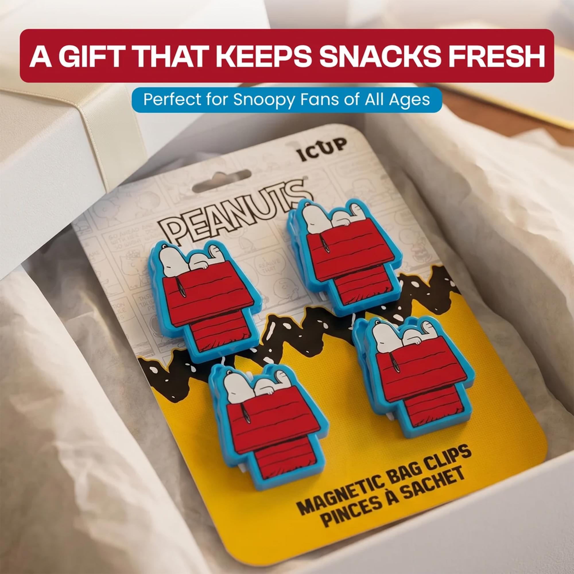 A GIFT THAT KEEPS SNACKS FRESH  
Perfect for Snoopy Fans of All Ages  
ICUP PEANUTS  
MAGNETIC BAG CLIPS  
PINCES À SACRET