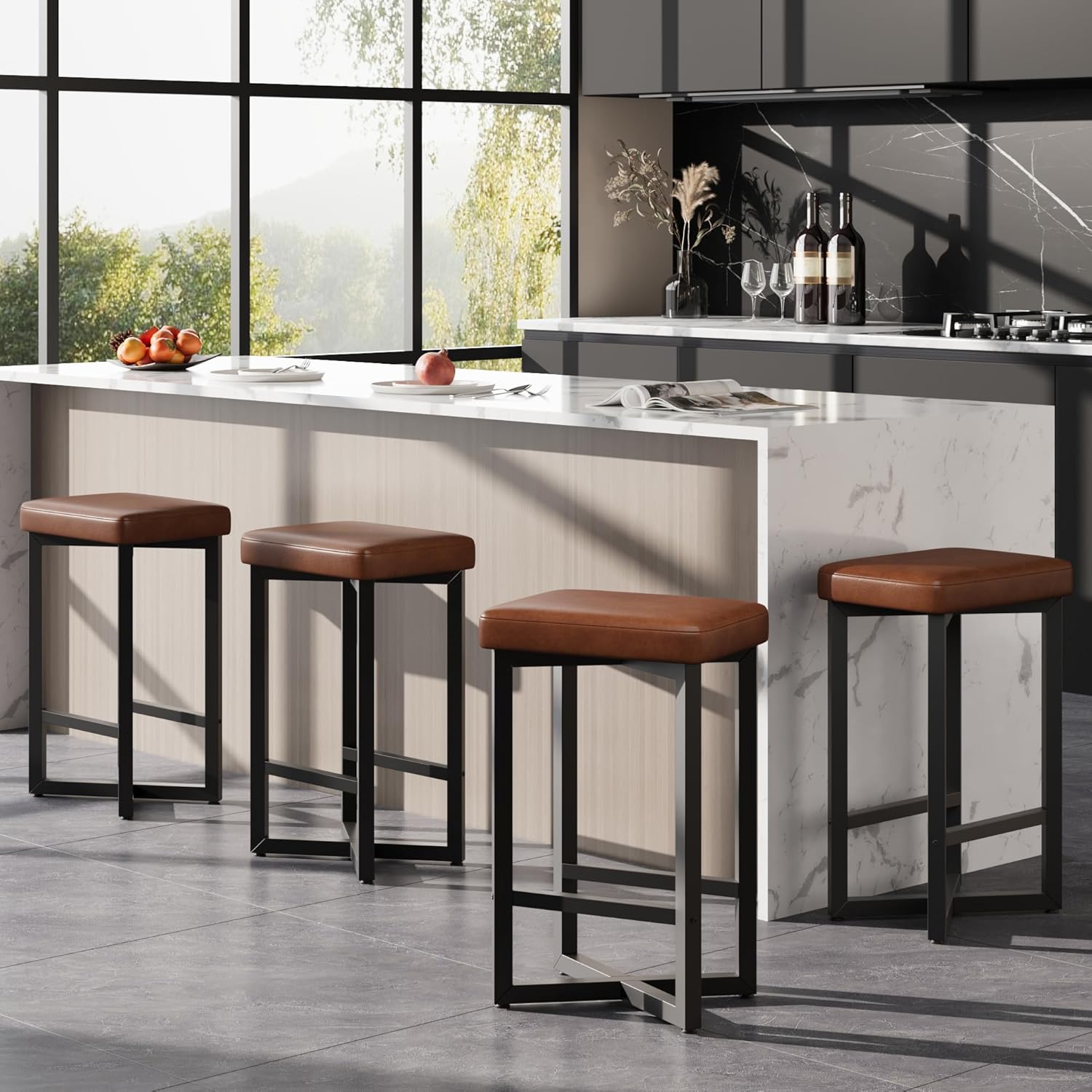 Back. GARVEE - Bar Stools Set of 4, 24.6" Counter Height Backless Barstools, Upholstered PU Leather Seats with Metal X-Frame, Brown - Brown.