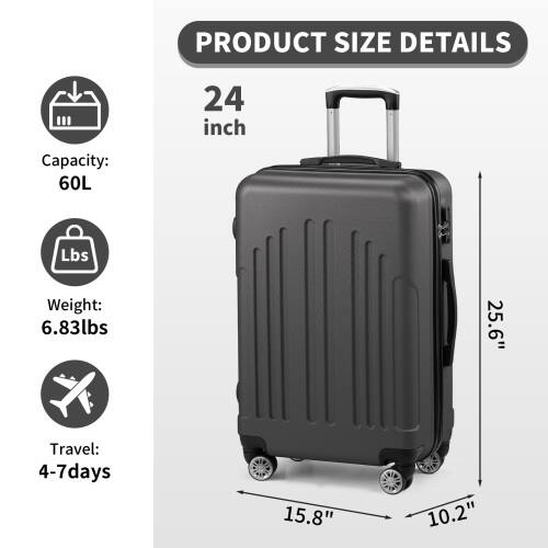PRODUCT SIZE DETAILS

24 inch  
Capacity: 60L  
Weight: 6.83lbs  
Travel: 4-7 days  

Dimensions:  
Height: 25.6"  
Width: 15.8"  
Depth: 10.2"
