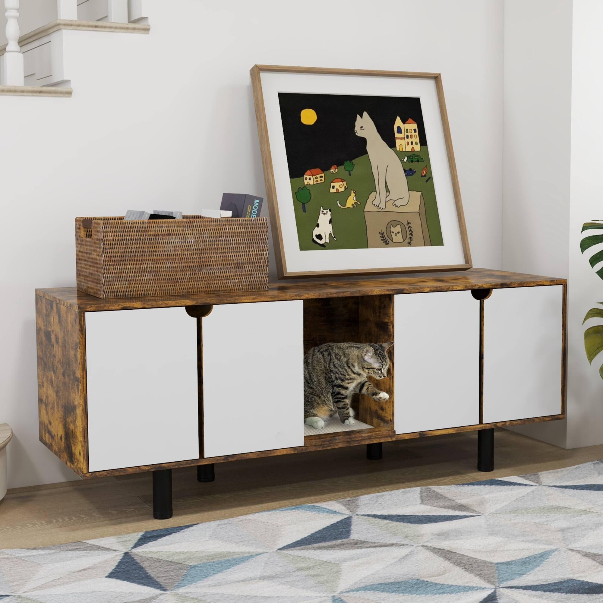 Angle. Pawhut - Cat Litter Box Cabinet for 2 Cats, Hidden Furniture TV Stand with Sand Filter Mat, Double Doors, 58"x19"x23" - Rustic Brown.
