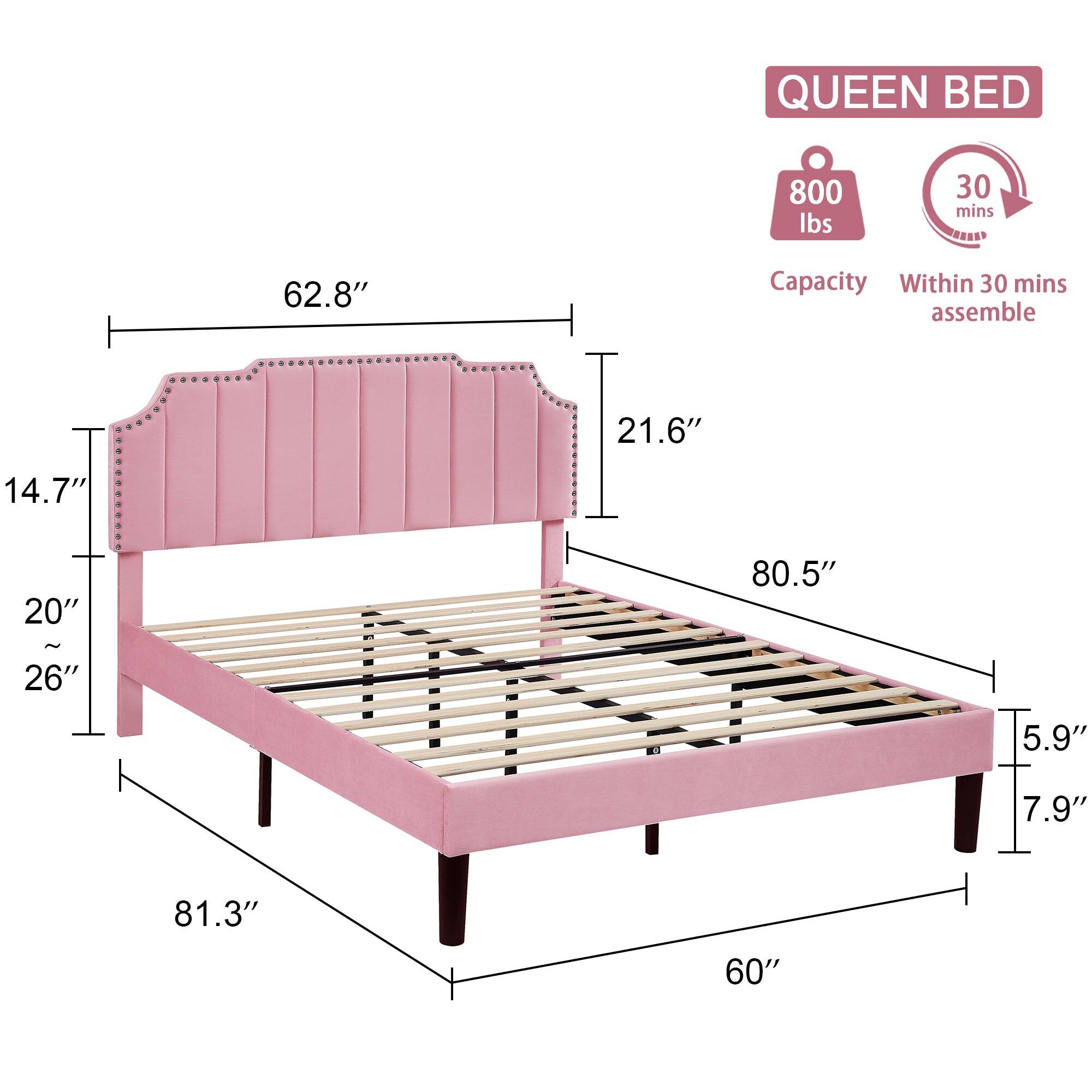 QUEEN BED  
800 lbs  
30 mins  
Capacity  
Within 30 mins assemble  

Dimensions:  
- Length: 81.3"  
- Width: 60"  
- Height: 21.6"  
- Headboard Height: 62.8"  
- Headboard Depth: 21.6"  
- Footboard Height: 5.9"  
- Footboard Depth: 7.9"  
- Mattress Thickness: 20" - 26"  
- Mattress Width: 80.5"  
- Mattress Length: 62.8"  
- Headboard Width: 80.5"  
- Headboard Depth: 14.7"