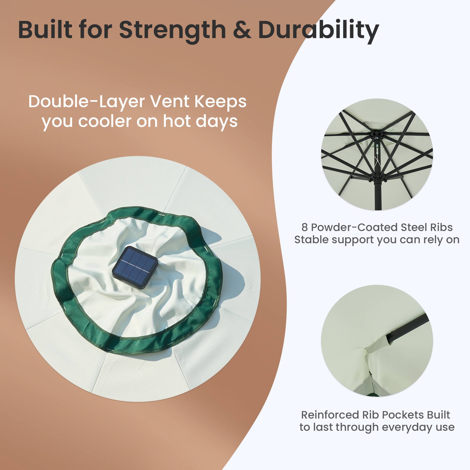 Built for Strength & Durability

- Double-Layer Vent Keeps you cooler on hot days
- 8 Powder-Coated Steel Ribs: Stable support you can rely on
- Reinforced Rib Pockets Built to last through everyday use