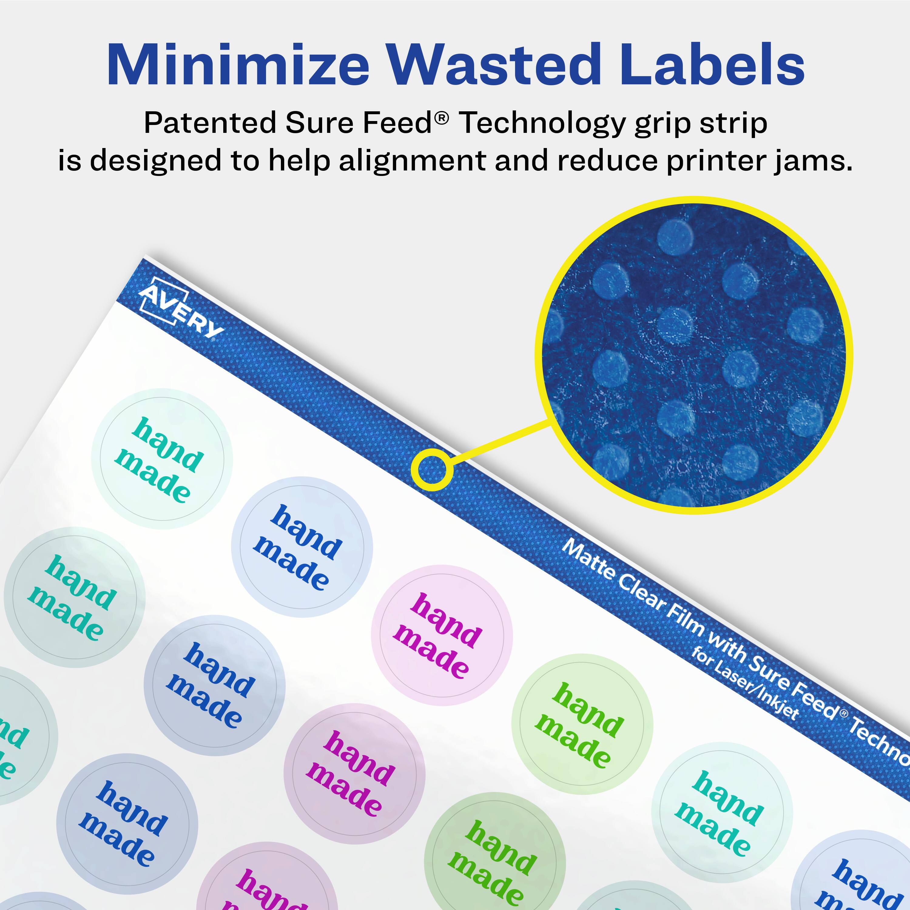 Minimize Wasted Labels

Patented Sure Feed® Technology grip strip is designed to help alignment and reduce printer jams.

Matte Clear Film with Sure Feed® Technology for Laser/Inkjet