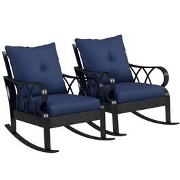 Outsunny - 2 Piece Outdoor Wicker Rocking Chairs with Padded Cushions, Aluminum Furniture Rattan Porch Rocker Chairs w/ Armrest - Blue