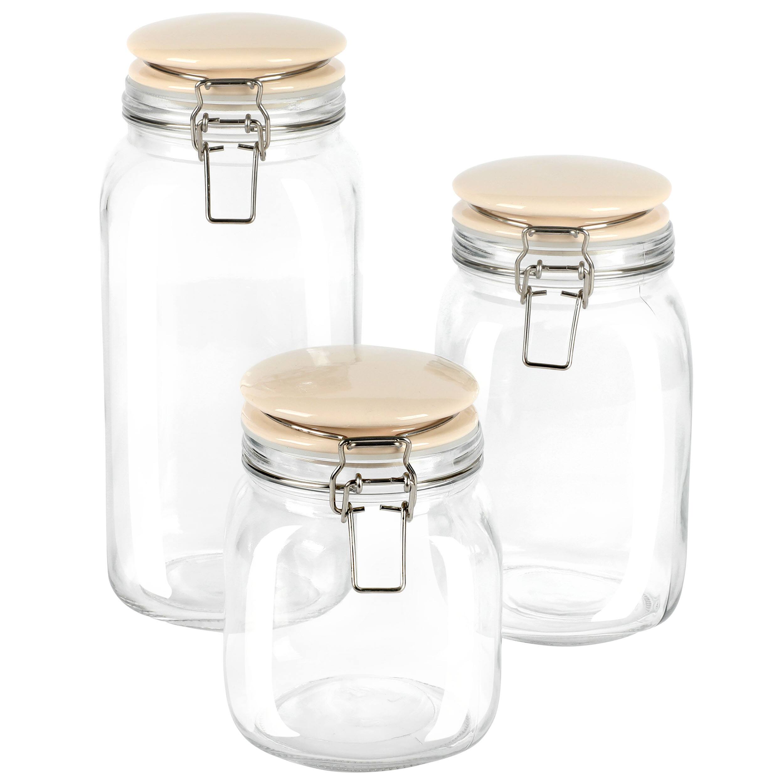Angle. Martha Stewart - Martha Stewart Rindleton 3 Piece Glass Canister Set with Ceramic Lids in Off-White - White.