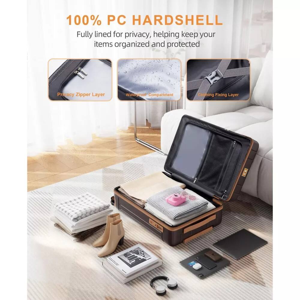 100% PC HARD SHELL  
Fully lined for privacy, helping keep your items organized and protected  

- Privacy Zipper Layer  
- Waterproof Compartment  
- Clothing Fixing Layer