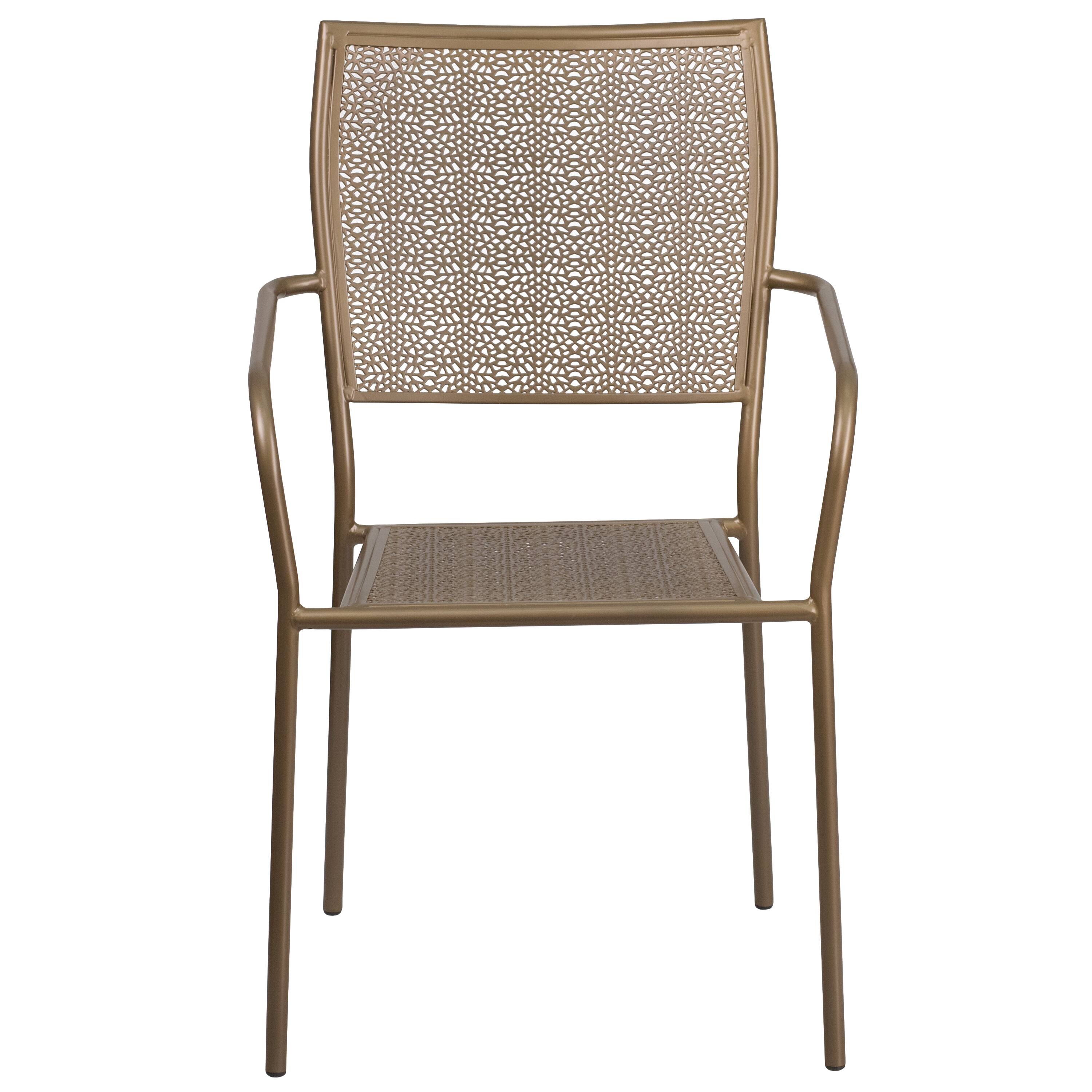 Alt View 7. Emma + Oliver - Commercial Grade Colorful Metal Patio Arm Chair with Square Back - Gold.
