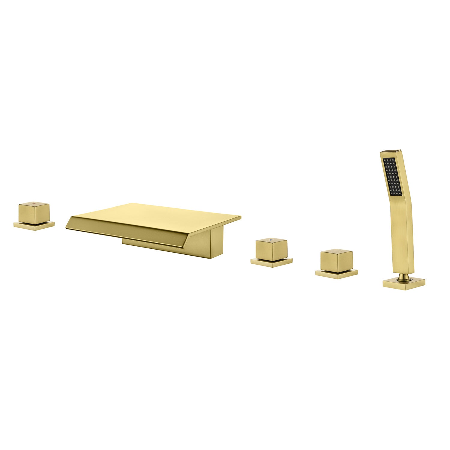 Alt View 1. Boyel Living - Brushed Gold Waterfall Bath Tub Faucet with Handheld Shower SUS304 Hot Cold Control 5 Hole Installation High Flow Rate - Brushed Gold.