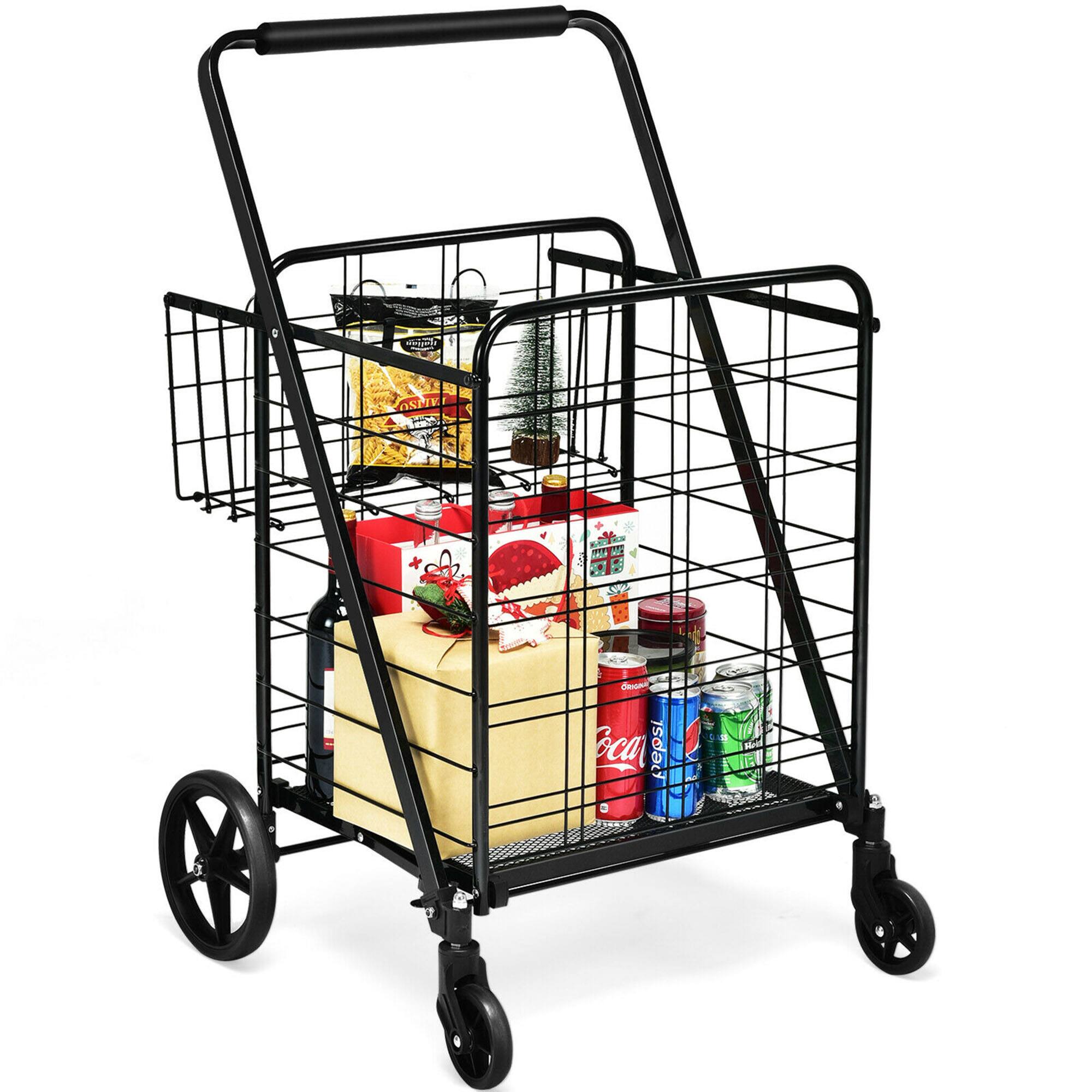 The image shows a shopping cart filled with various items, including a box of Coca-Cola cans and a box of macaroni and cheese. The cart is black and has a wire basket. The items are arranged in a way that allows for easy access and transportation.
