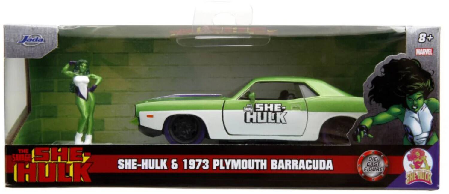 Jada 8+ MARVEL THE SHE-HULK THE SAVAGE SHE-HULK & 1973 PLYMOUTH BARRACUDA DIE-CAST FIGURE SHE-HULK
