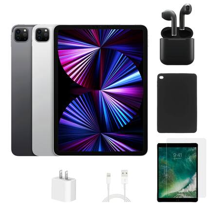 Front. Apple - iPad Pro 11" (2021) (WiFi + Cellular Unlocked) 128GB w/ Case, Earbuds,Tempered Glass Screen Protector - Space Gray.