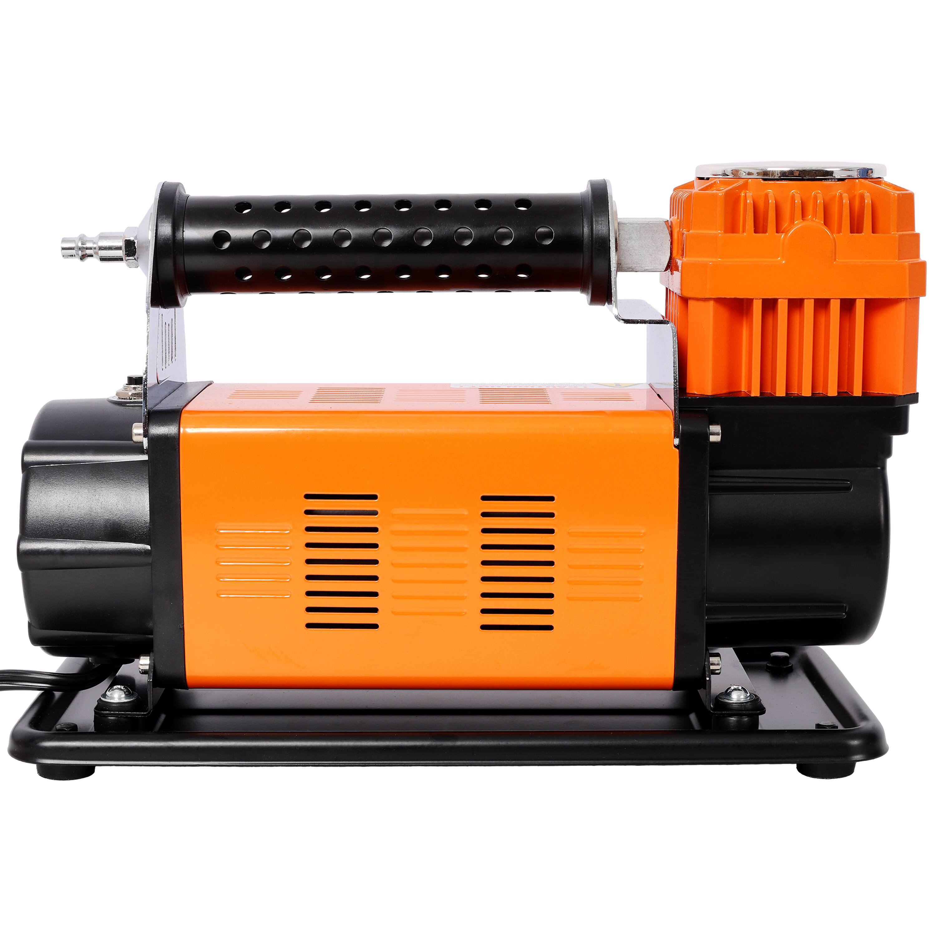 Left. MOOSOO - 12V Heavy Duty Air Compressor,Tire Inflator with Pressure Gauge, 150 PSI Air Pump for Car, SUV, RV, Truck - Orange.