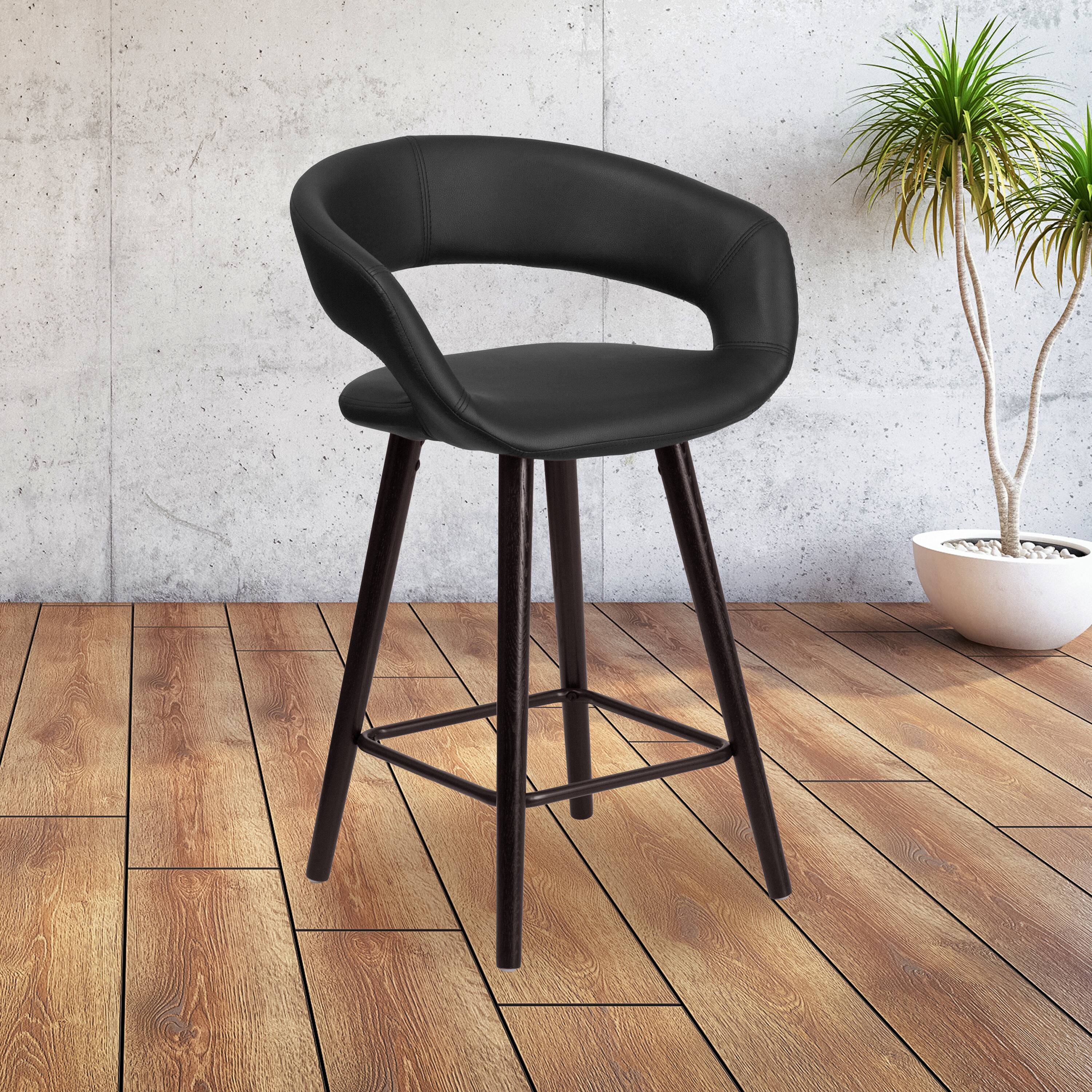Front. Emma + Oliver - 24"H Cappuccino Wood Rounded Open Back Counter Height Stool - Black.