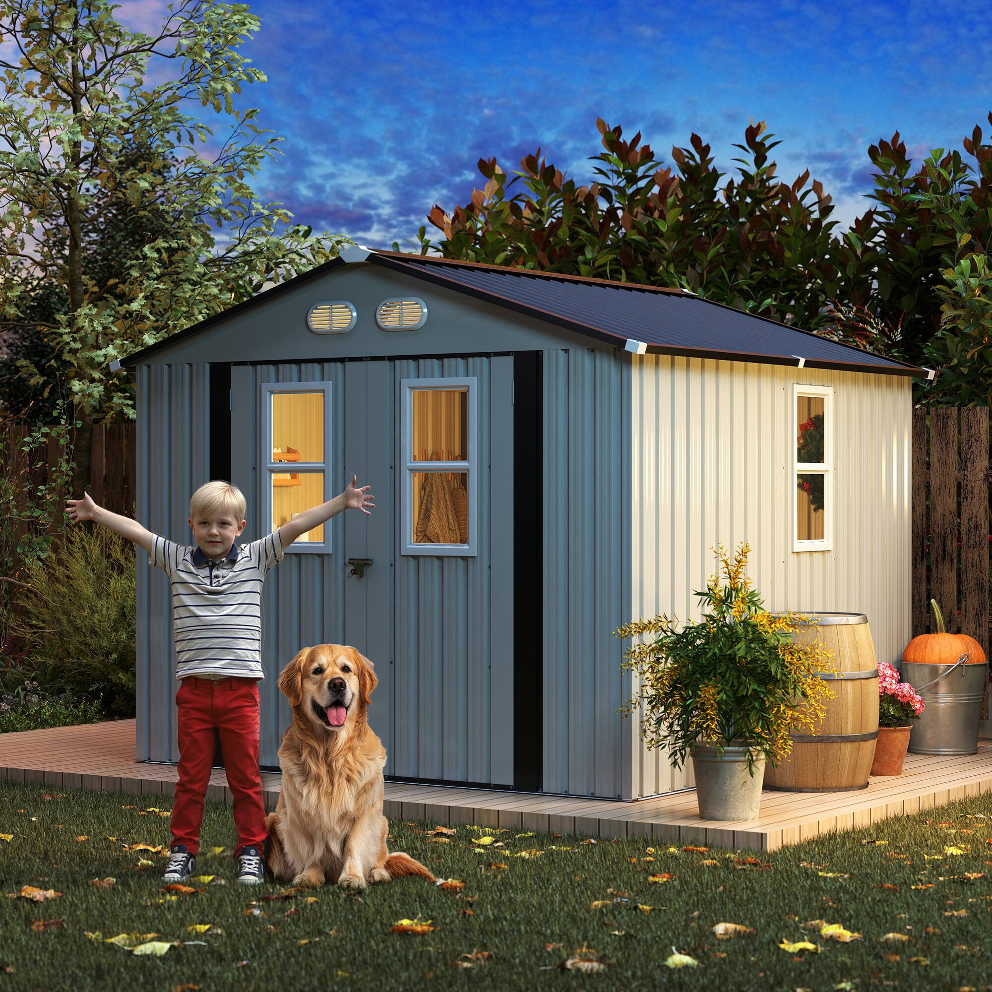 Left. Mondawe - 8x8 FT Outdoor Storage Shed with Protective Film, Four Daylight Windows and Lockable Doors - White.