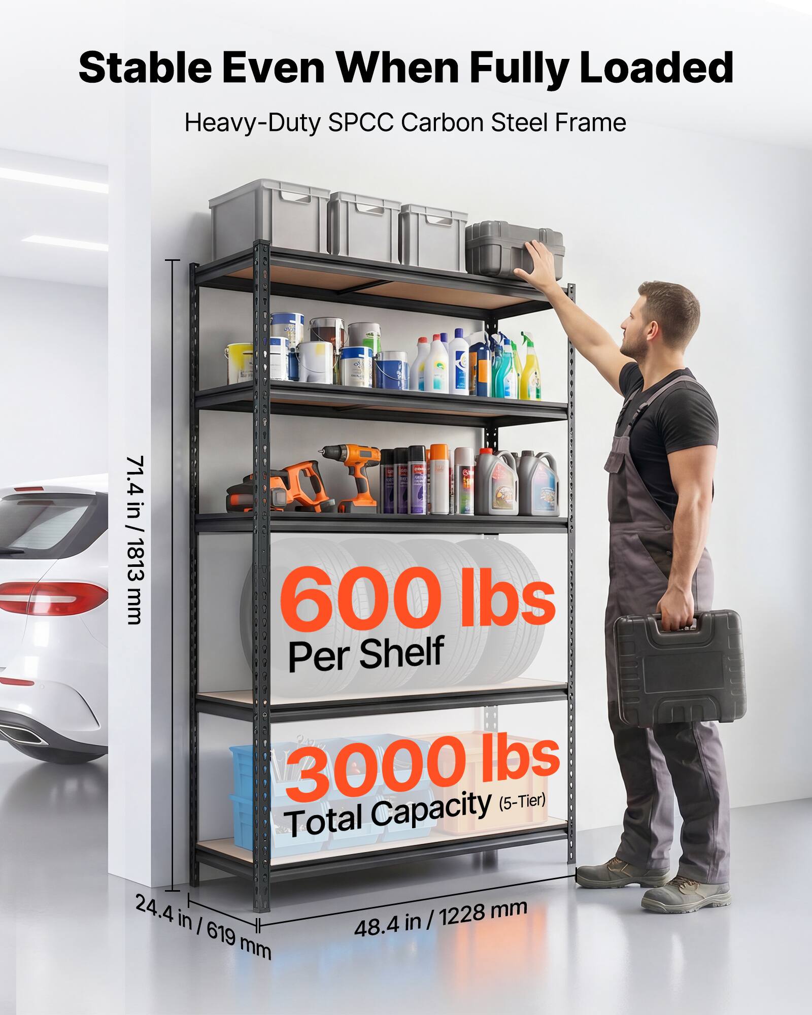 Stable Even When Fully Loaded  
Heavy-Duty SPCC Carbon Steel Frame  
71.4 in / 1813 mm  
600 lbs Per Shelf  
3000 lbs Capacity (5-Tier)  
Total 24.4 in / 619 mm  
48.4 in / 1228 mm