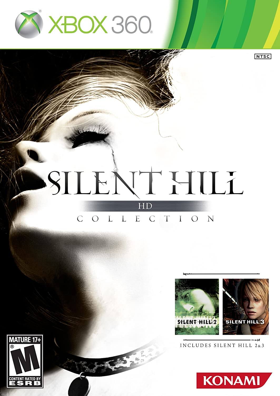 XBOX 360  
NTSC  

SILENT HILL HD COLLECTION  

MATURE 17+  
CONTENT RATED BY ESRB  

INCLUDES SILENT HILL 2 & 3  

KONAMI - E10+ (Everyone 10+)