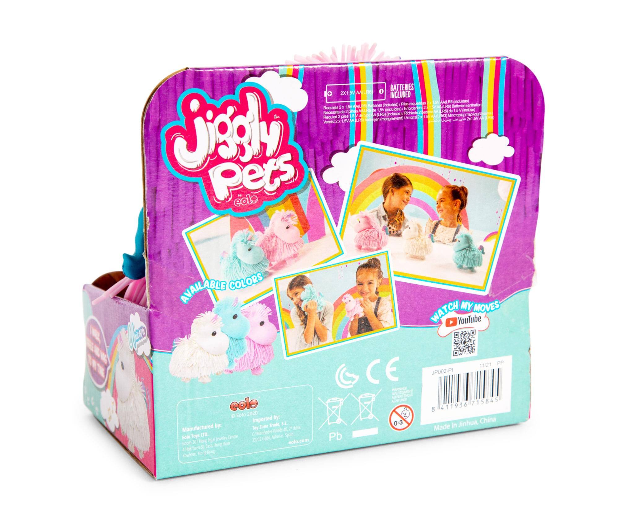 - BATTERIES 2X1.5V AA LR6 - INCLUDED  
- IMPAIRED Inct Batteries included  
- Requires 2 x 1.5V AA LR6 batteries  
- 1 L2A 15 Trtunin J ALE - Salorien M i SY (o 1 18 indu ceta - 1 andn AAL dm2 - batow Al  LA & [nctusen PAG Ss Perquiert 1 pies AN Ananct AA N  tomeren F o_ -  2e S Veenc . LW NAU MA  
- Jiggly Pets eole  
- AVAILABLE COLORS  
- WATCH MY MOVES YouTube cole  
- Foto 2020  
- Imported by: Trade, S.L.  
- Manufactured by: Toy Zone S.L.  
- Cever Abre que NE  
- jrvely 20 Ca Soon N 5 Aun eelo.com  
- br Las 4 Anabon Hogk Pb  
- CE GAC 0-3  
- 11/21 pp JP002PI  
- 715845  
- 8 4