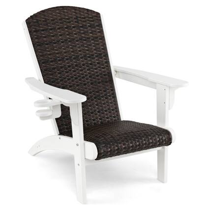 Front. SlickBlue - Outdoor Patio Adirondack Chair with Cushioned Rattan Seat and Concealed Cup Holder - Brown, White.