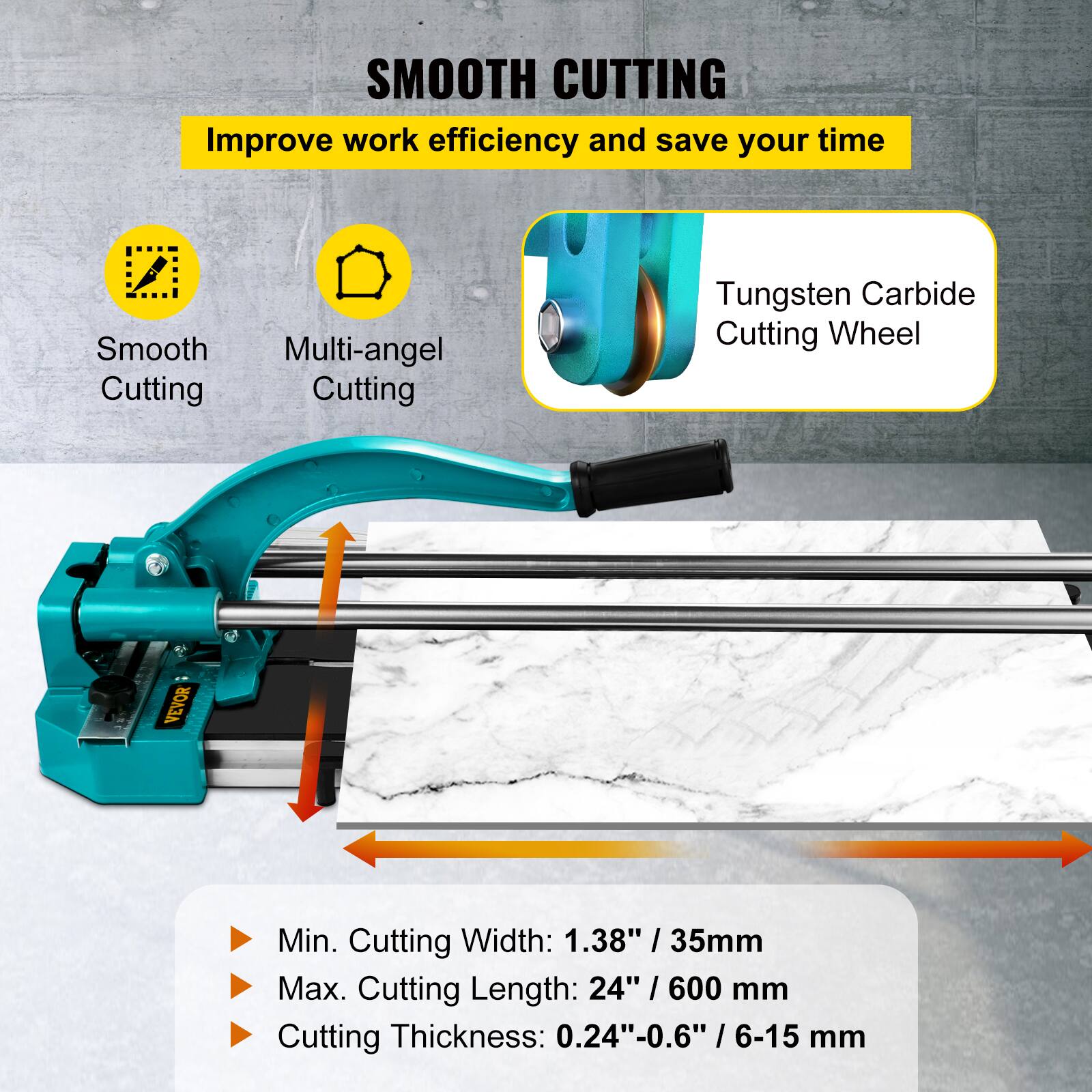 SMOOTH CUTTING  
Improve work efficiency and save your time  

Smooth Cutting  
Multi-angle Cutting  

Tungsten Carbide Cutting Wheel  

Min. Cutting Width: 1.38" / 35mm  
Max. Cutting Length: 24" / 600 mm  
Cutting Thickness: 0.24"-0.6" / 6-15 mm