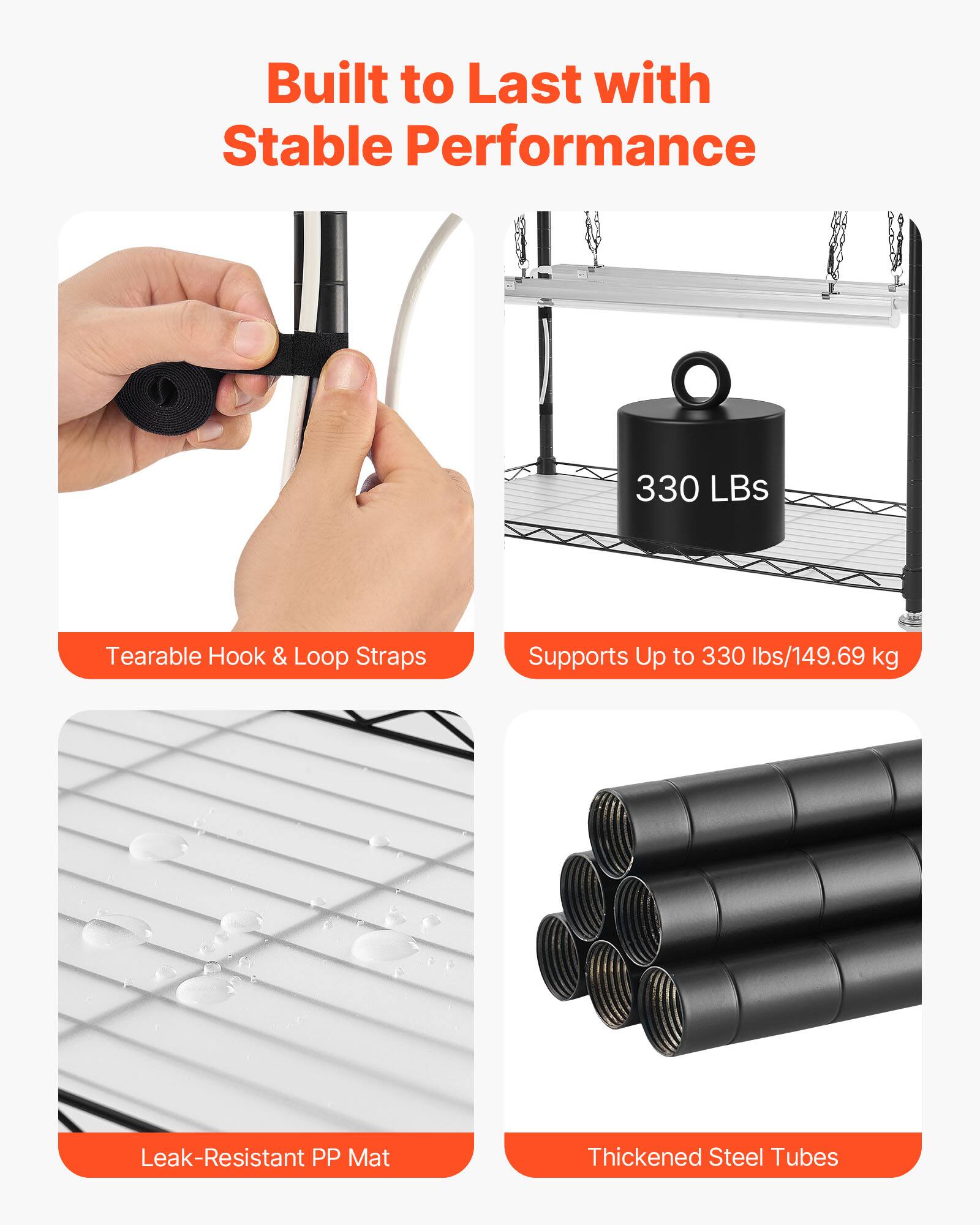 Built to Last with Stable Performance

- Tearable Hook & Loop Straps
- Supports Up to 330 lbs/149.69 kg
- Leak-Resistant PP Mat
- Thickened Steel Tubes