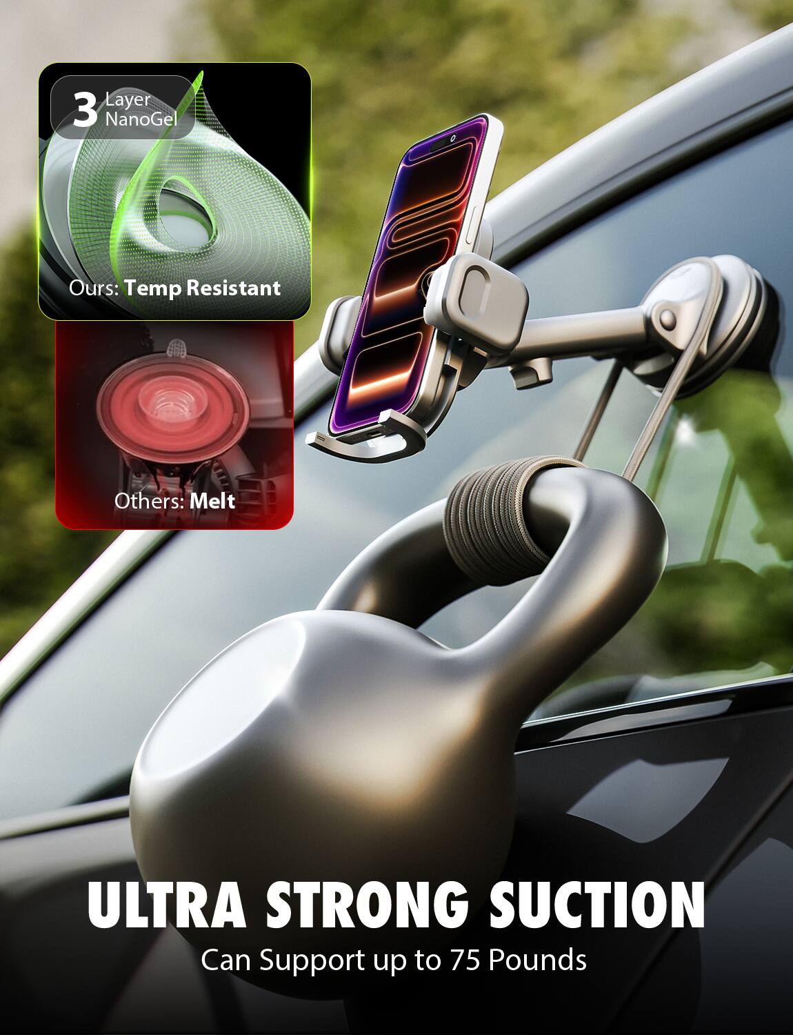 3 Layer NanoGel  
Ours: Temp Resistant  
Others: Melt  

ULTRA STRONG SUCTION  
Can Support up to 75 Pounds