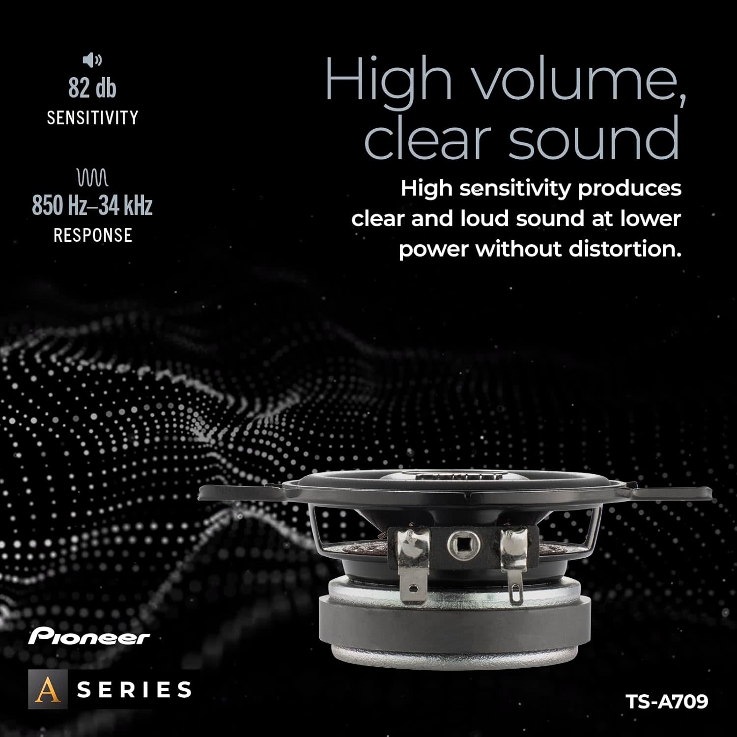 82 dB SENSITIVITY  
850 Hz-34 kHz RESPONSE  
High volume, clear sound  
High sensitivity produces clear and loud sound at lower power without distortion.  
Pioneer A SERIES TS-A709