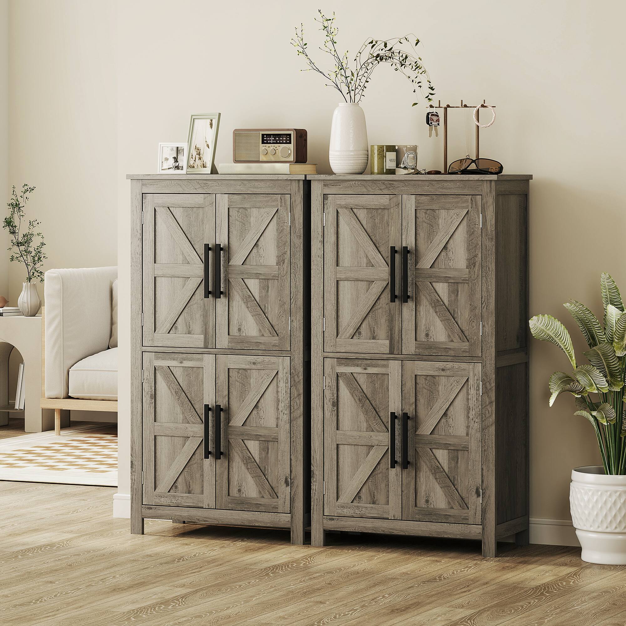 Alt View 7. Homcom - Floor Storage Cabinet, Farmhouse Bathroom Cabinet with 4 Doors and Adjustable Shelf - Light Gray.